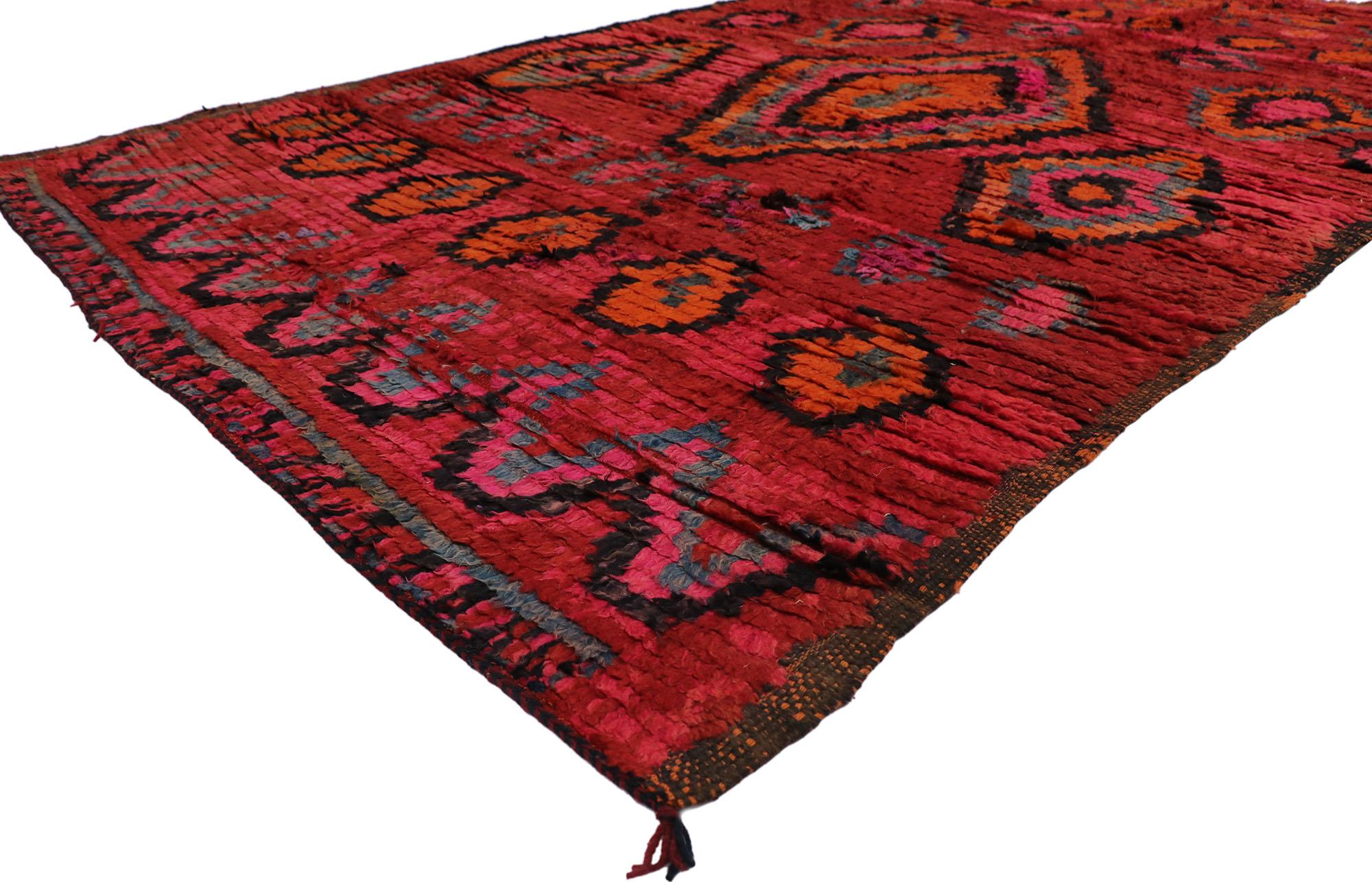 21429 Vintage Red Moroccan Rug, 05'11 x 09'04.
​Maximalism meets bohemian rhapsody in this hand knotted wool vintage Berber Moroccan rug. The intrinsic tribal pattern and saturated colors woven into this piece work together creating layers of joy