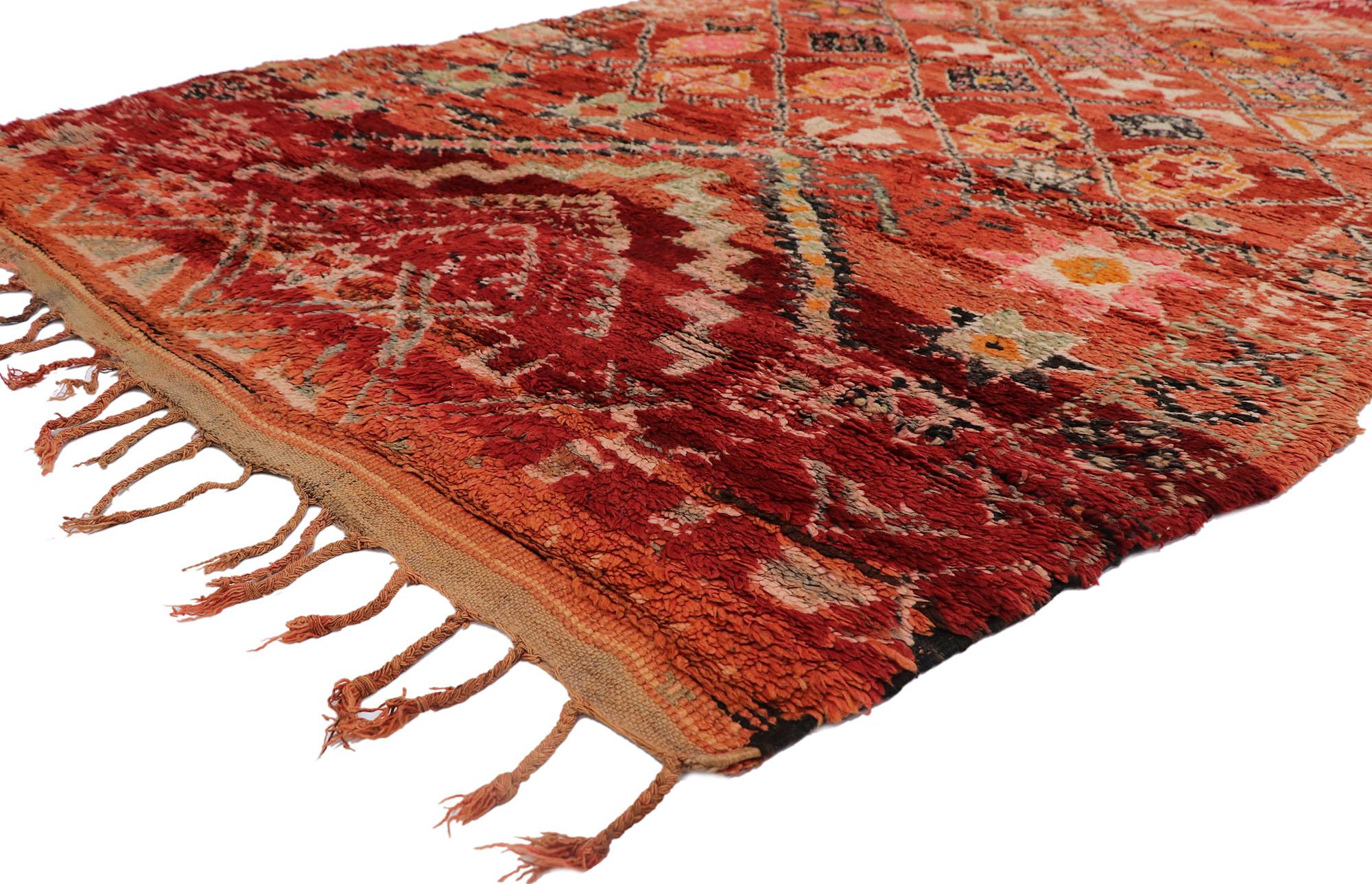 21311 Vintage Red Boujad Moroccan Rug, 05'11 x 09'02. Boujad rugs, born in the embrace of the Middle Atlas Mountains, emerge as traditional handwoven Moroccan treasures woven by the skilled hands of indigenous Berber artisans. Adored for their