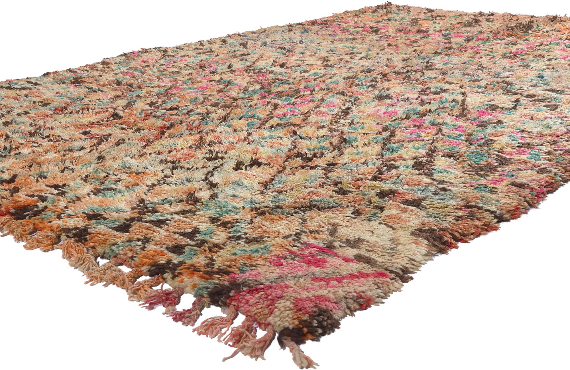 21218 Vintage Beni MGuild Moroccan Rug, 05'08 x 08'06. Nestled within the enchanting embrace of Morocco's Atlas Mountains, the skilled hands of Berber women from the Ait M'Guild tribe weave captivating tales through the intricate artistry of Beni