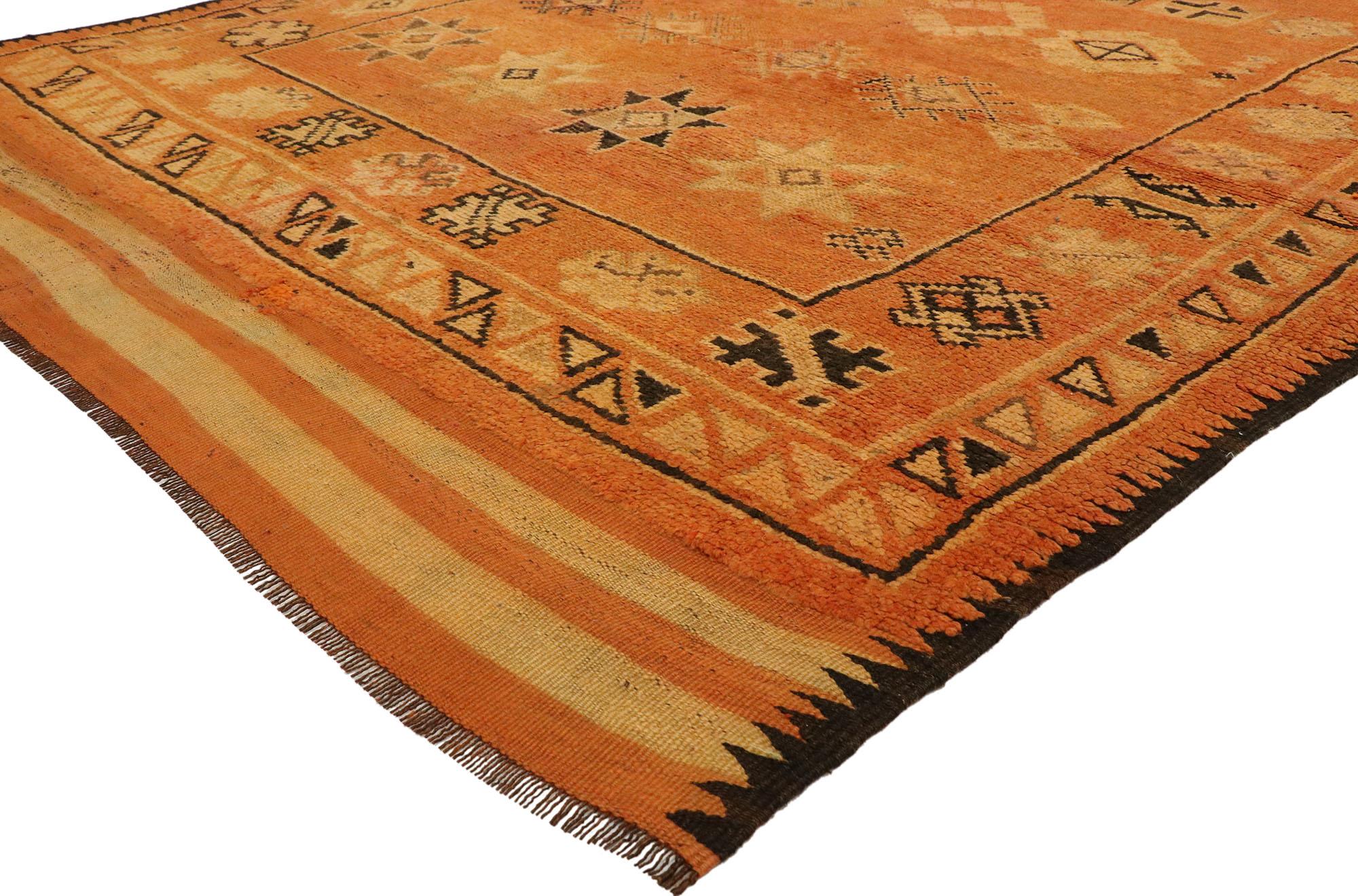 20230, vintage Berber Moroccan rug runner with tribal style. With its bold hues and beguiling beauty, this hand knotted wool vintage Berber Moroccan rug features an all-over geometric pattern composed of ambiguous tribal motifs. Eight-pointed stars