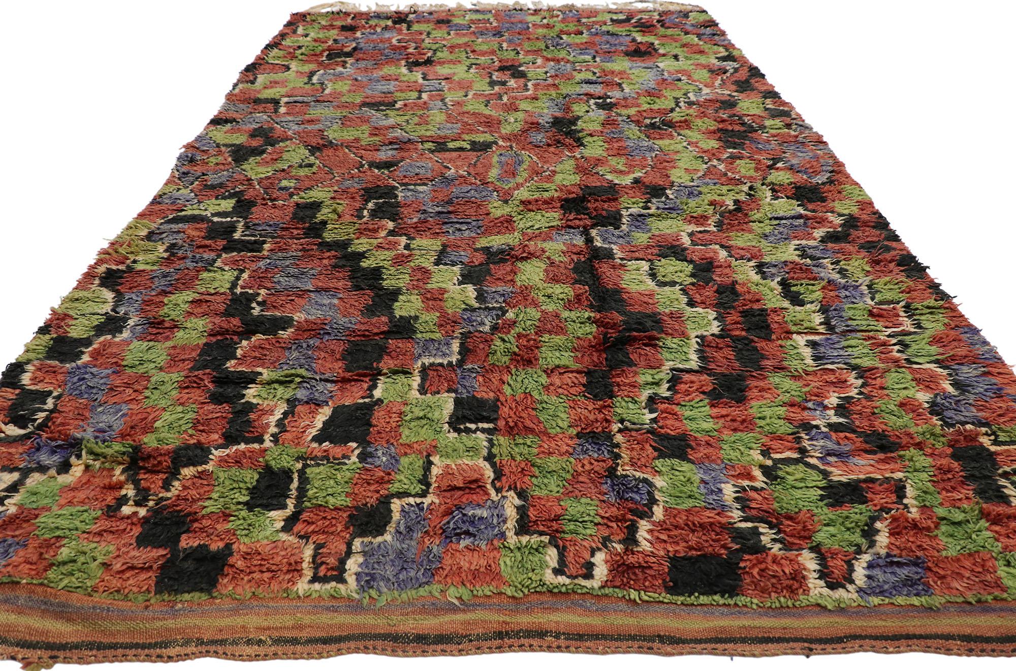 Hand-Knotted Vintage Berber Moroccan Rug, Rustic Charm Meets Abstract Expressionism For Sale