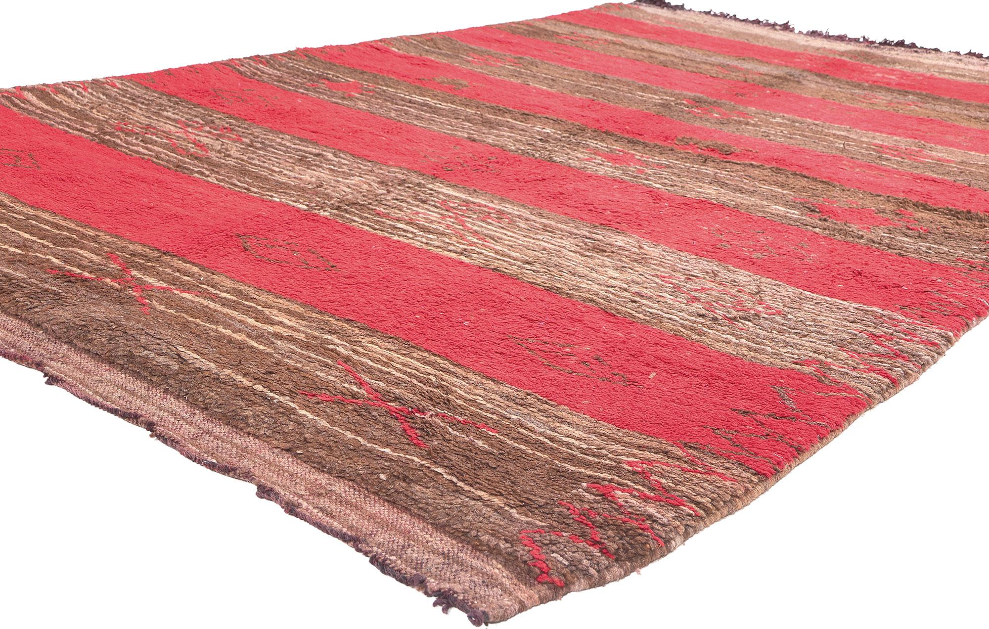20396 Vintage Striped Moroccan Rug, 05'04 x 08'01. 

Indulge in the welcoming embrace of this hand-knotted wool vintage Moroccan rug, a plush testament to woven beauty that adds a layer of warmth to nearly any space. The striped tribal design and
