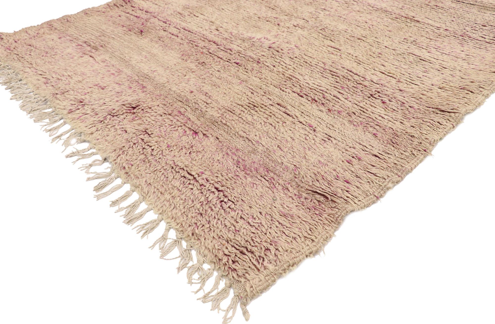 20939, vintage Berber Moroccan rug, shag hallway runner with Bohemian. This hand knotted wool vintage Berber Moroccan rug features mauve hues with beige striations running selvage to selvage blending seamlessly from one to the next. Though