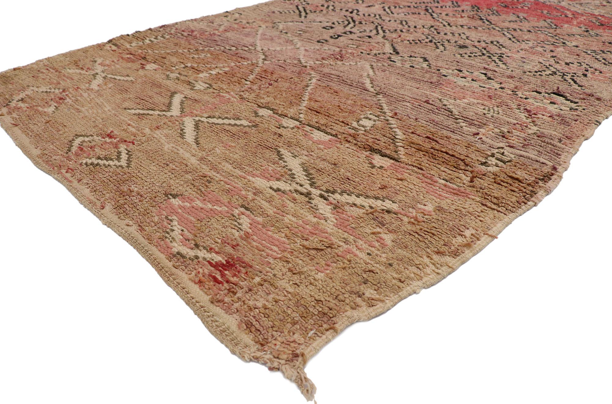 21423 Vintage Moroccan Rug, 05'06 x 09'03.
Wabi-Sabi meets rustic charm in this hand-knotted wool vintage Moroccan rug. The intrinsic tribal design and sunbaked earth-tone colors woven into this piece work together creating a coveted laid-back