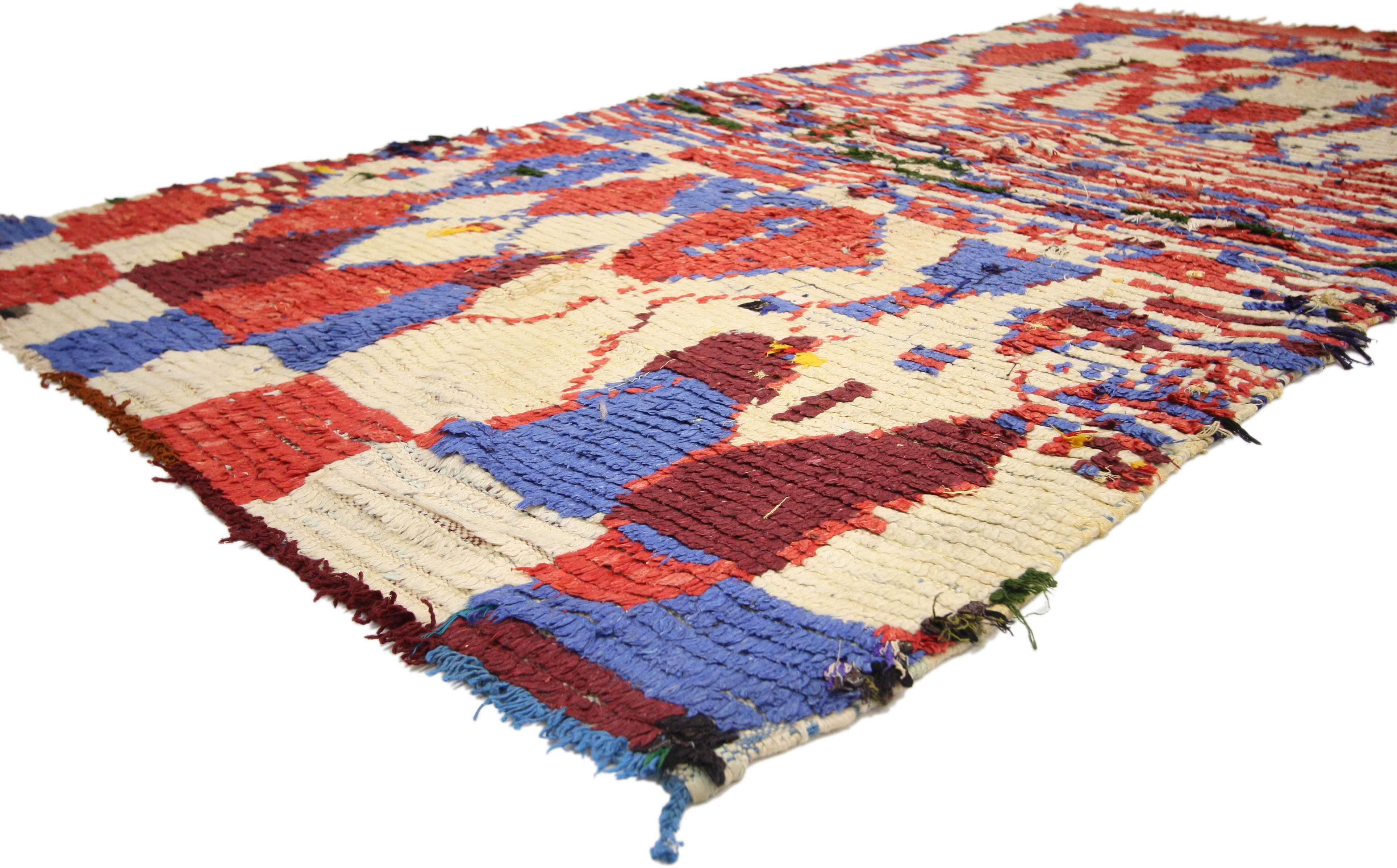 74530 Vintage Berber Moroccan Rug with Abstract Design and Tribal Style. With their tribal motifs and colorful accents, Berber Moroccan rugs are believed to protect the human spirit from negative energy and shield the human body from the elements.