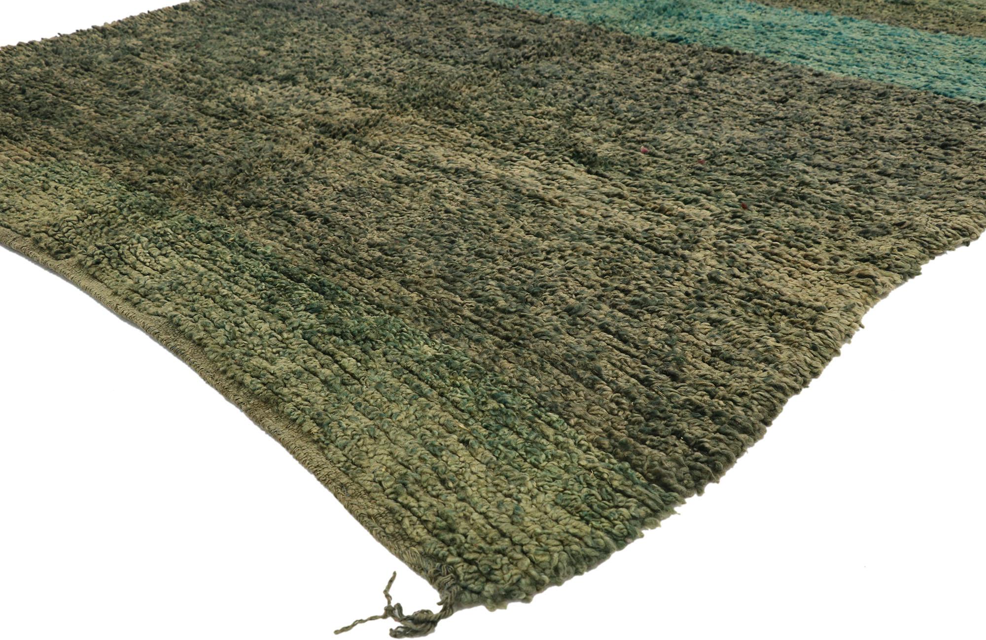 21050, vintage Berber Moroccan rug with abstract Expressionism style and Biophilic design. Effortless, elegant, and casual meets the eye in this hand knotted wool vintage Berber Moroccan rug. It features earthy greenish hues and softly gradated