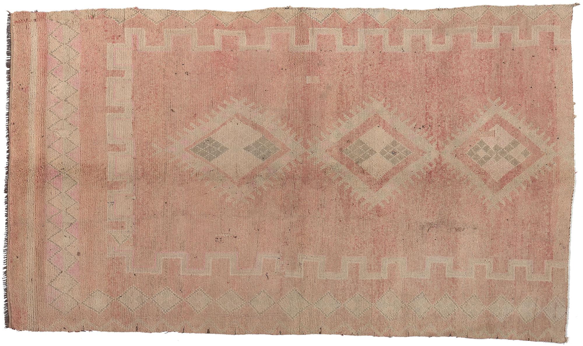 Vintage Pink Boujad Moroccan Rug, Tribal Enchantment Meets Cozy Hygge For Sale 1