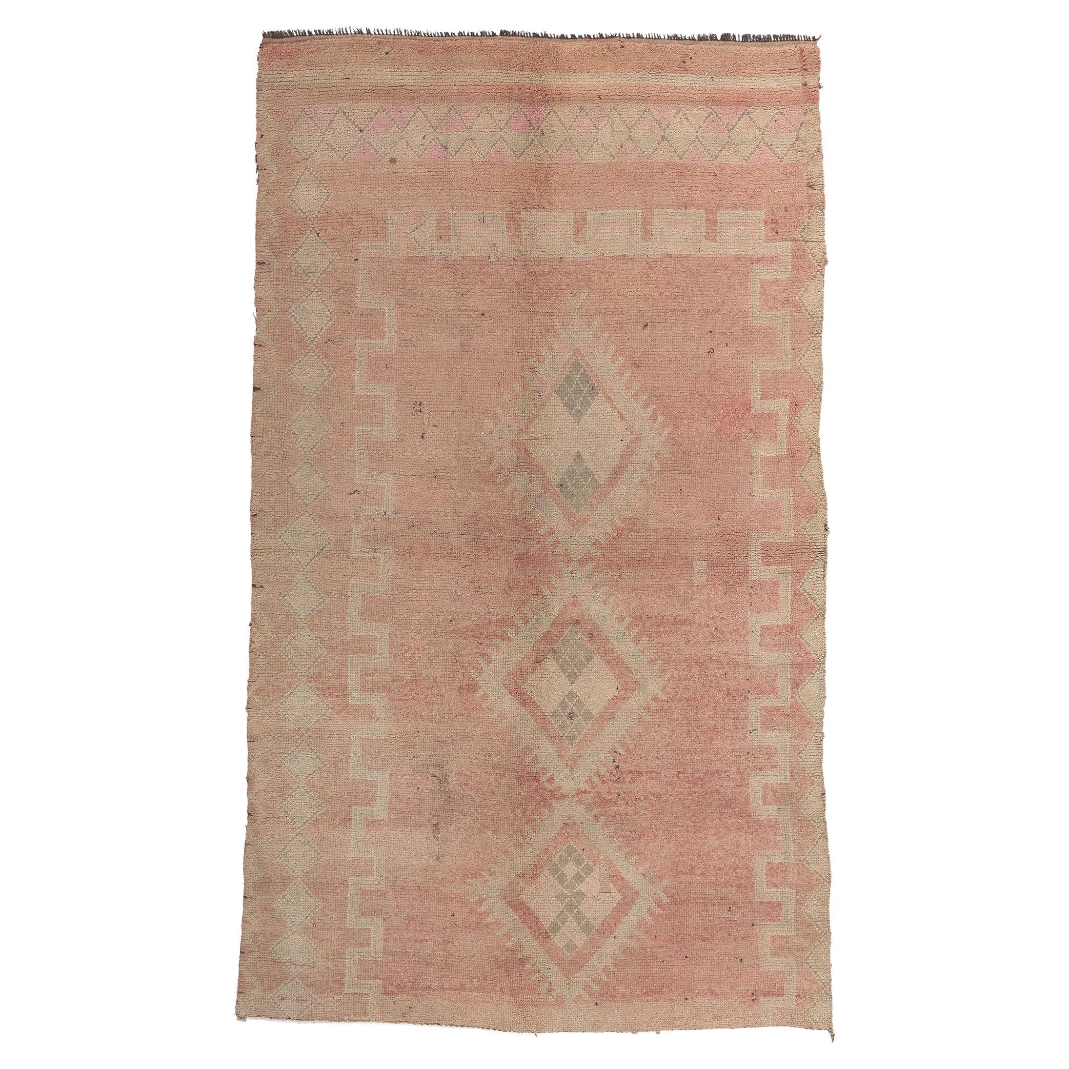 Vintage Pink Boujad Moroccan Rug, Tribal Enchantment Meets Cozy Hygge For Sale