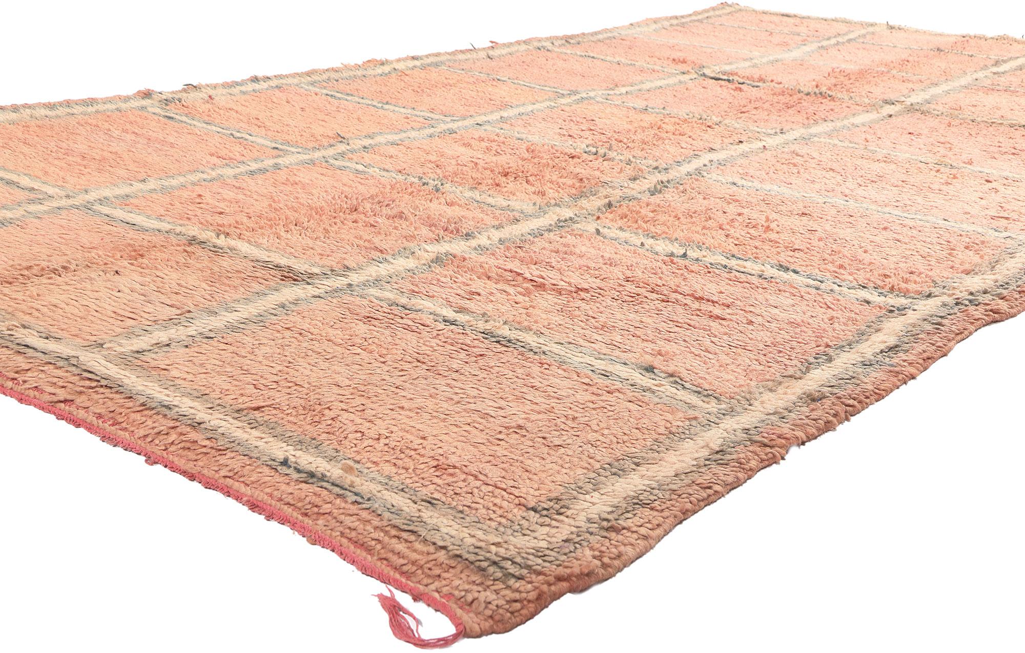 20950 Vintage Pink Boujad Moroccan Rug, 05'09 x 11'08. 

Originating from the vibrant city of Boujad, known for its eccentric and artistic designs, this vintage Boujad Moroccan rug transcends visual appeal. Step into the embrace of a cozy nomad,