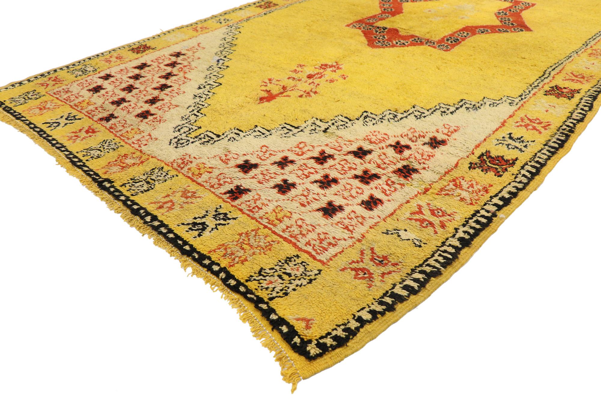 20223, vintage Berber Moroccan rug with boho chic style 04'11 x 08'09. Full of tiny details and a bold expressive design combined with exuberant colors and bohemian style, this hand-knotted wool vintage Berber Moroccan rug is a captivating vision of