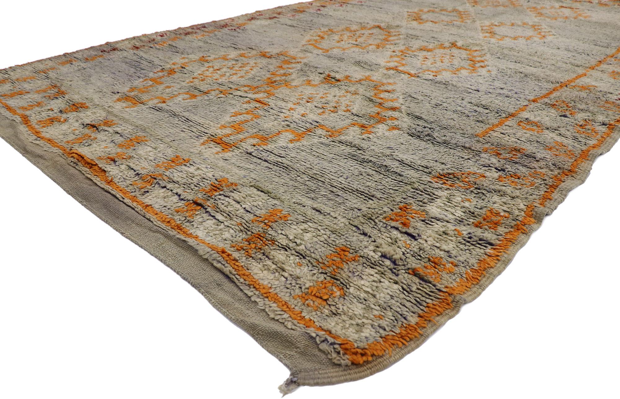 21433 Vintage Berber Moroccan Rug 06'03 x 11'02. Showcasing an expressive design, incredible detail and texture, this hand knotted wool vintage Berber Moroccan rug is a captivating vision of woven beauty. The abrashed gray and lavender striated
