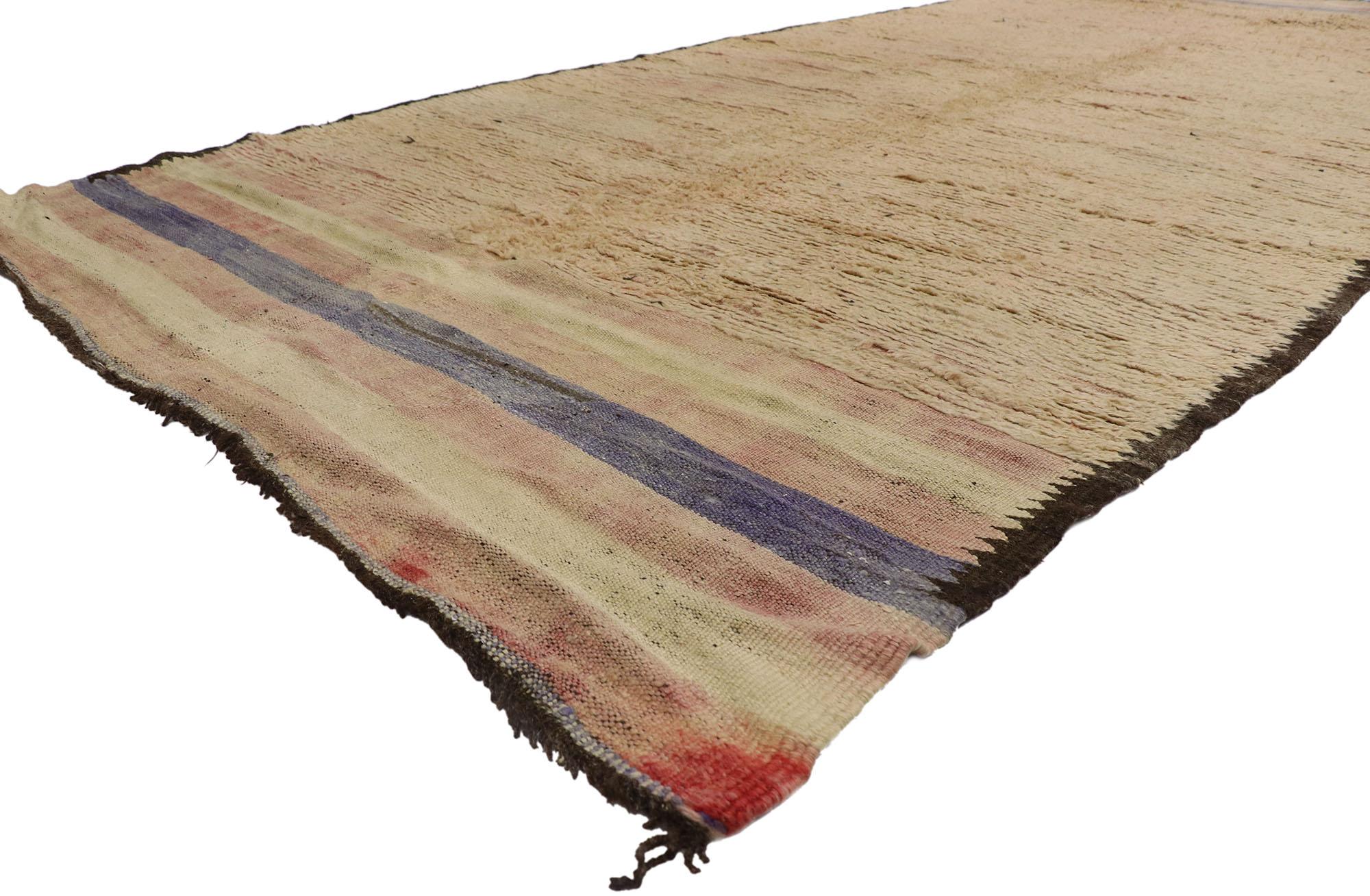 21650 Vintage Berber Moroccan rug with Bohemian Style 06'07 x 15'03. With its simplicity, plush pile and Bohemian vibes, this hand knotted wool vintage Berber Moroccan rug is a captivating vision of woven beauty. Imbued with light pink and beige