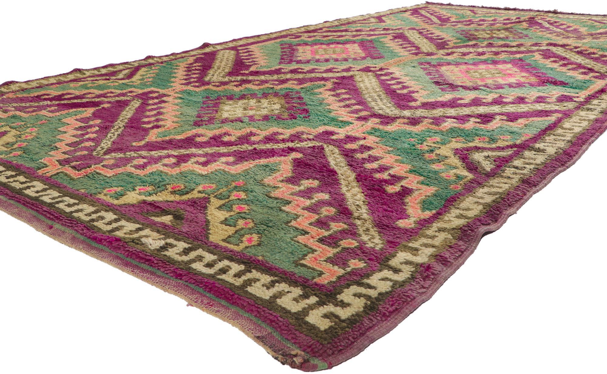 21662 vintage Berber Moroccan rug with Bohemian style 06'04 x 11'08. Showcasing a bold expressive design, incredible detail and texture, this hand knotted wool vintage Berber Moroccan rug is a captivating vision of woven beauty. The eye-catching