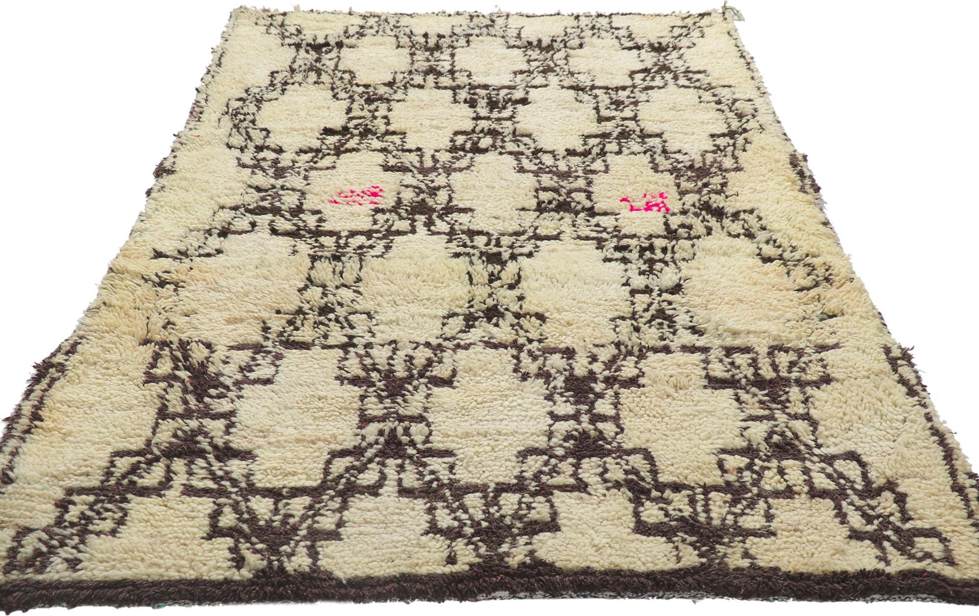 Hand-Knotted Vintage Berber Moroccan Azilal Rug, Neutral Bohemian Meets Natural Elegance For Sale