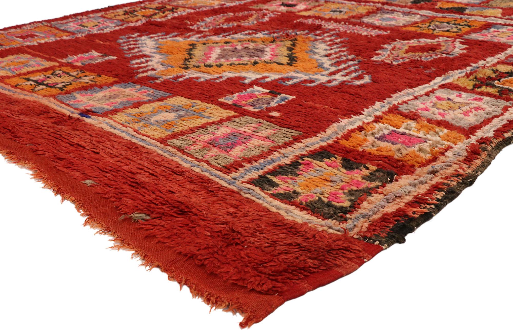 20920, vintage Berber Moroccan rug with boho chic Tribal Artisan style 07'00 x 08'00. This hand knotted wool vintage Berber Moroccan rug features a red abrashed field covered with various ambiguous tribal symbols that carry great meaning in Ancient