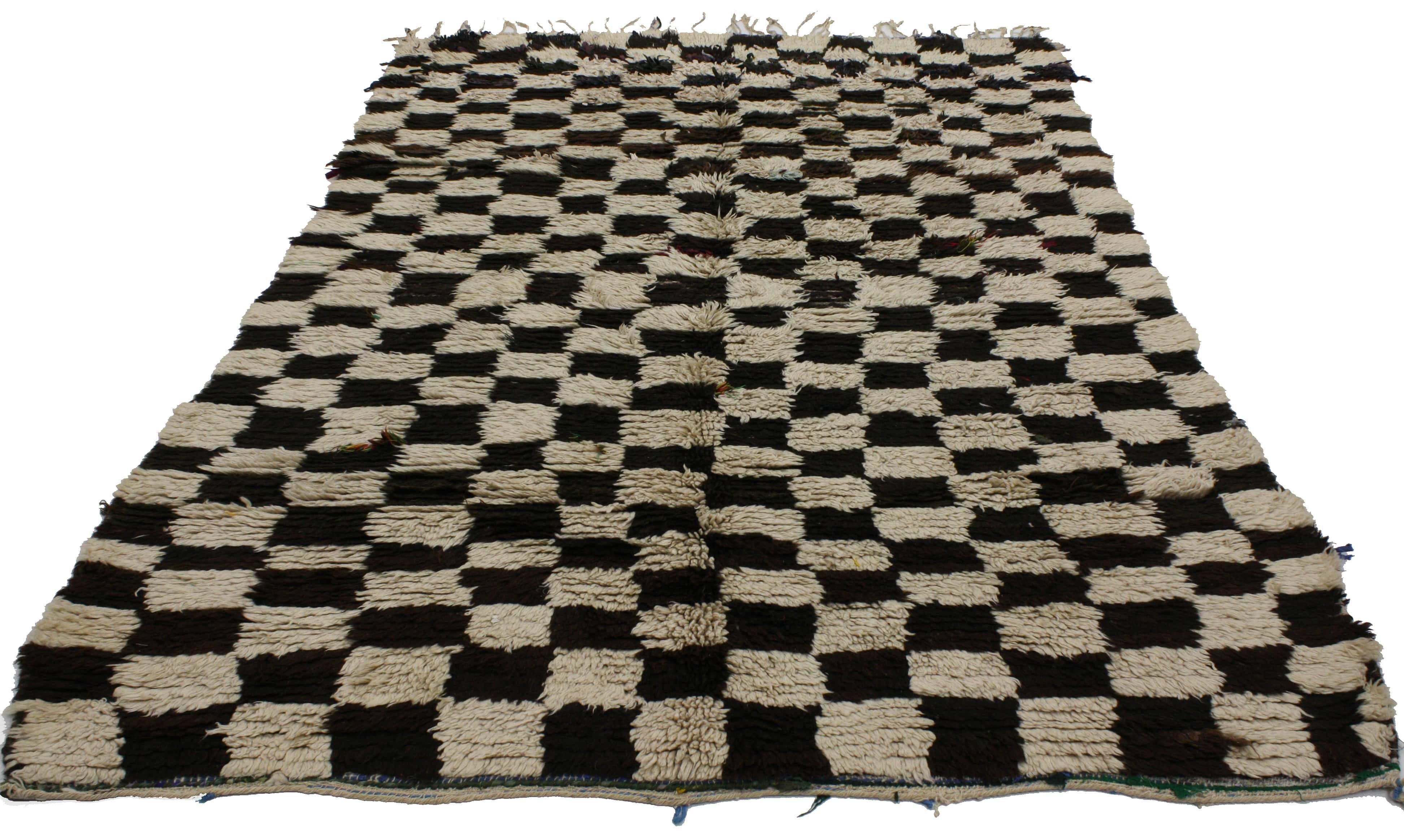 20064 vintage Berber Moroccan rug. This vintage Berber Moroccan rug is wonderfully unique, coming from the Berber Tribes of Morocco. Featuring an all-over lozenge checkerboard pattern rendered in neutral shades of black and beige, this Berber