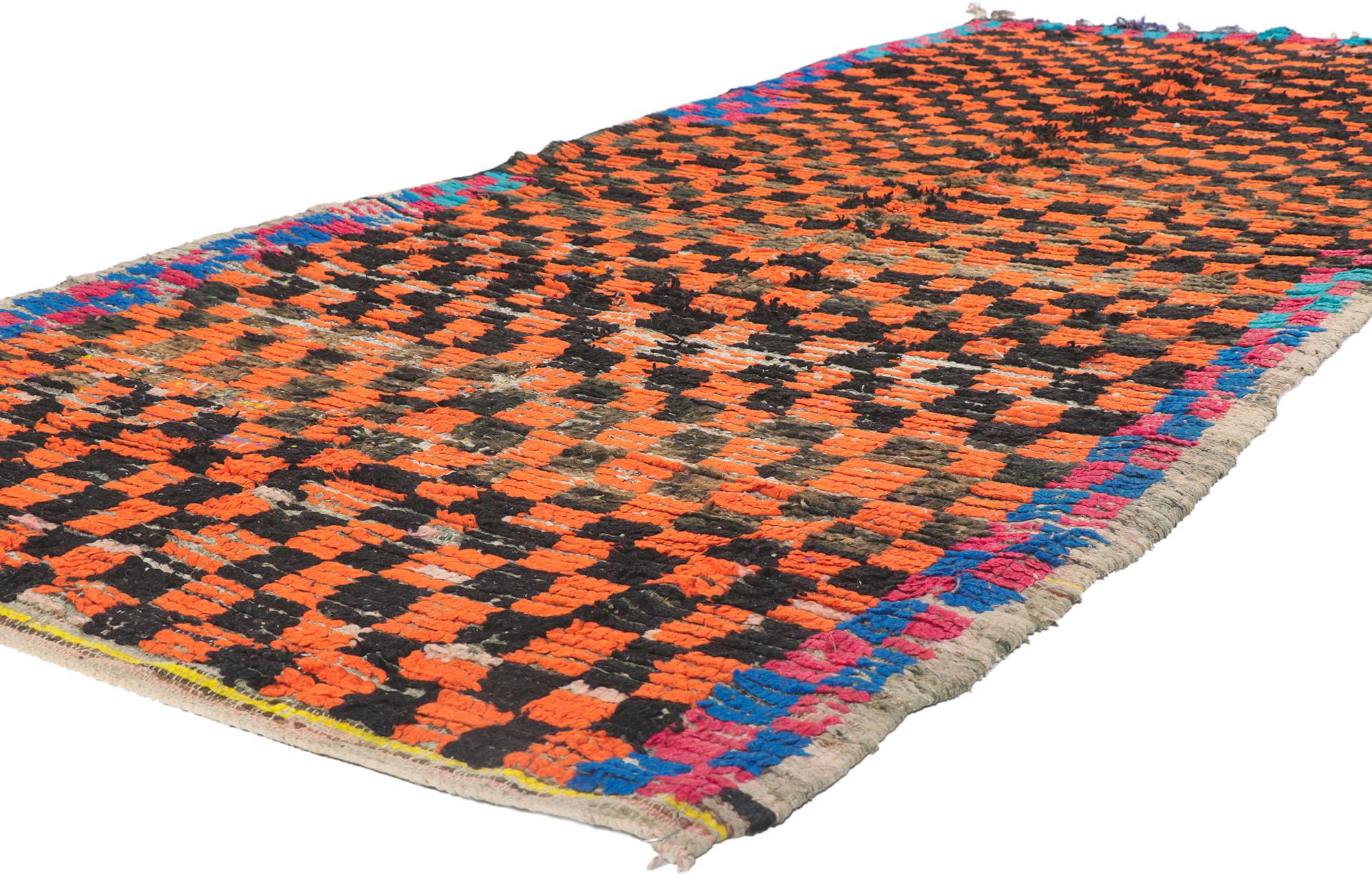 21507 Vintage Checkered Moroccan Azilal Rug, 04'02 x 09'00. Enter the captivating world of Azilal rugs, where every thread weaves a tale intricately crafted by skilled artisans amidst the dynamic landscapes of central Morocco and the majestic High