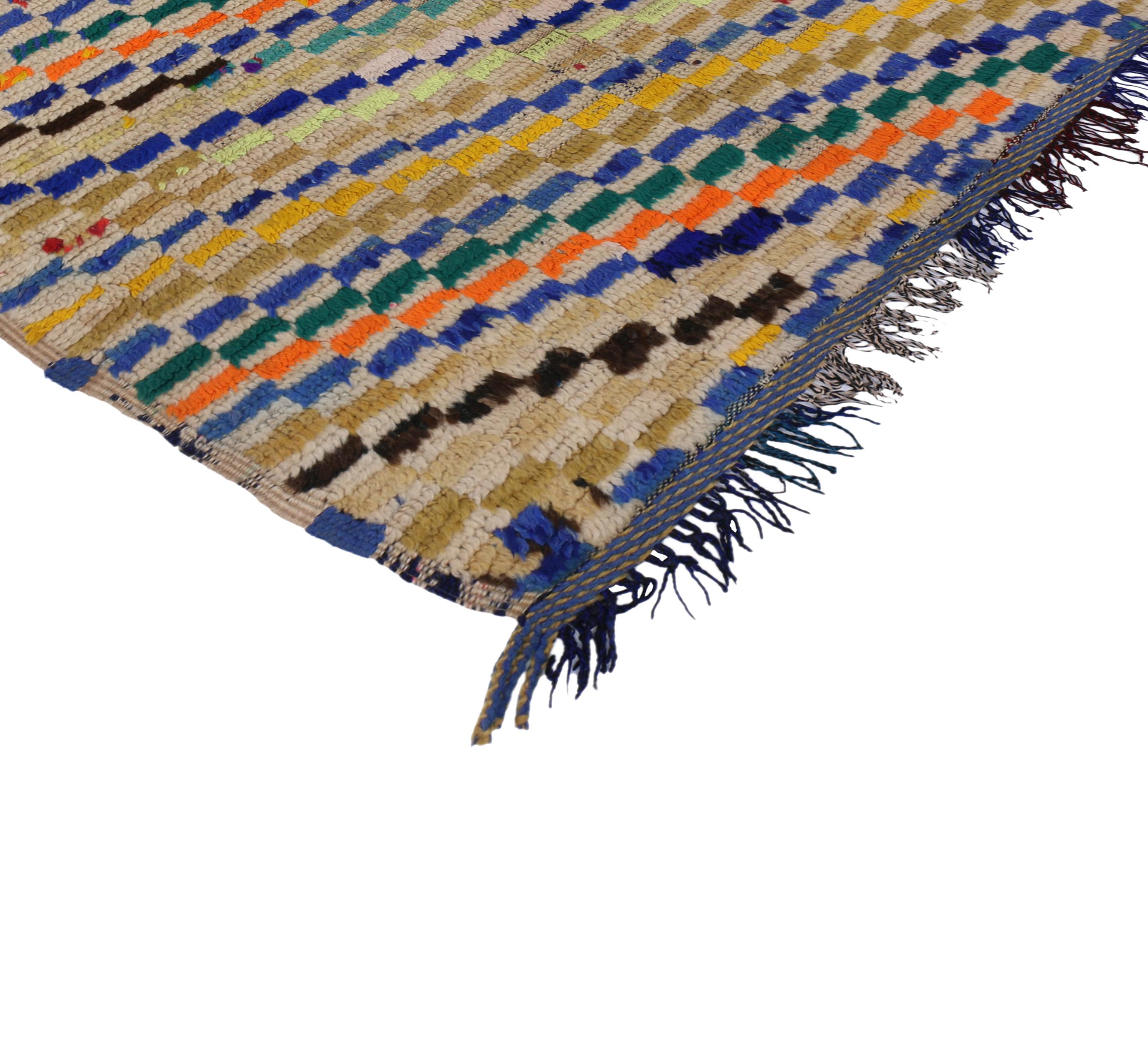 74553, vintage Berber Moroccan rug with diagonal checkered pattern. This hand-knotted wool vintage Berber Moroccan rug features a diagonal pattern made of multicolor bars, like a rainbow of color. The bars represent the power of the masculine, and