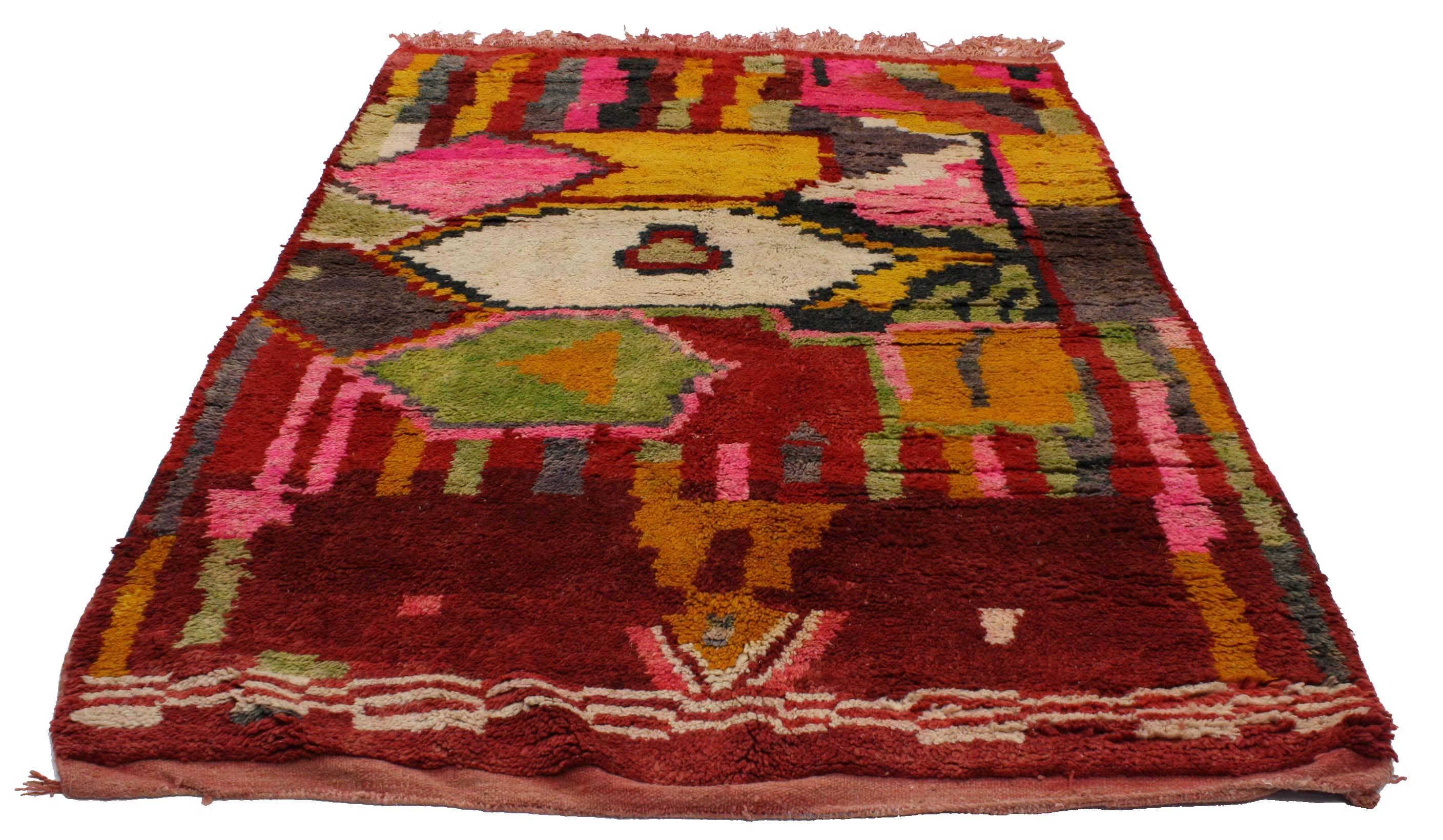 20300, Vintage Berber Moroccan Rehamna Rug With Cubism Bauhaus Style. This hand-knotted wool vintage Berber Moroccan rug is a striking example of the Berber tribe and their weaving skills. An array of geometric shapes from diamonds to trapezoids