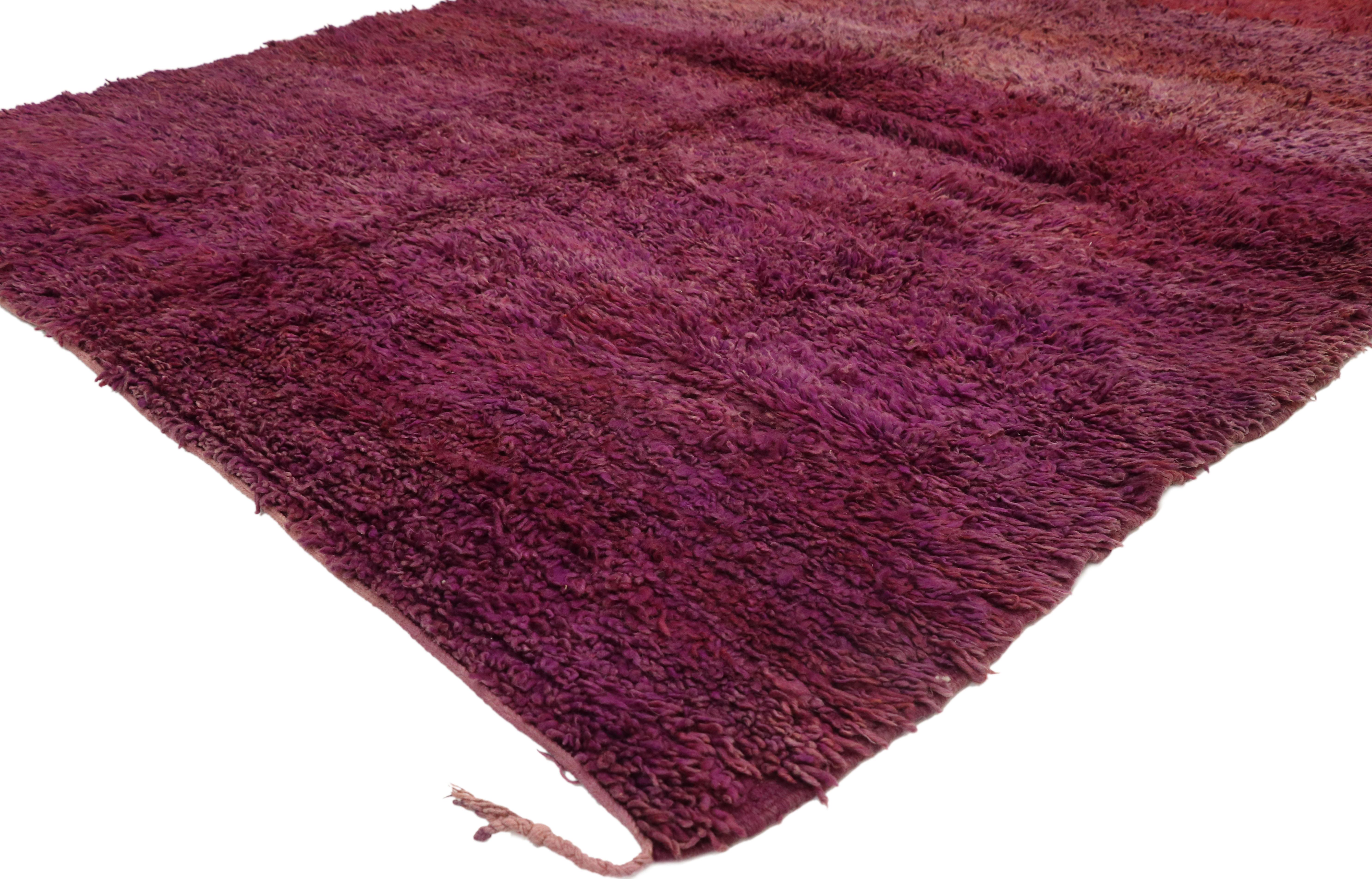 21064, vintage Berber Moroccan rug with Cozy Hygge Bohemian style. This hand knotted wool vintage Moroccan rug emanates function and versatility with cozy Bohemian vibes. Featuring raspberry, cranberry, burgundy, and magenta hues, the rich waves of