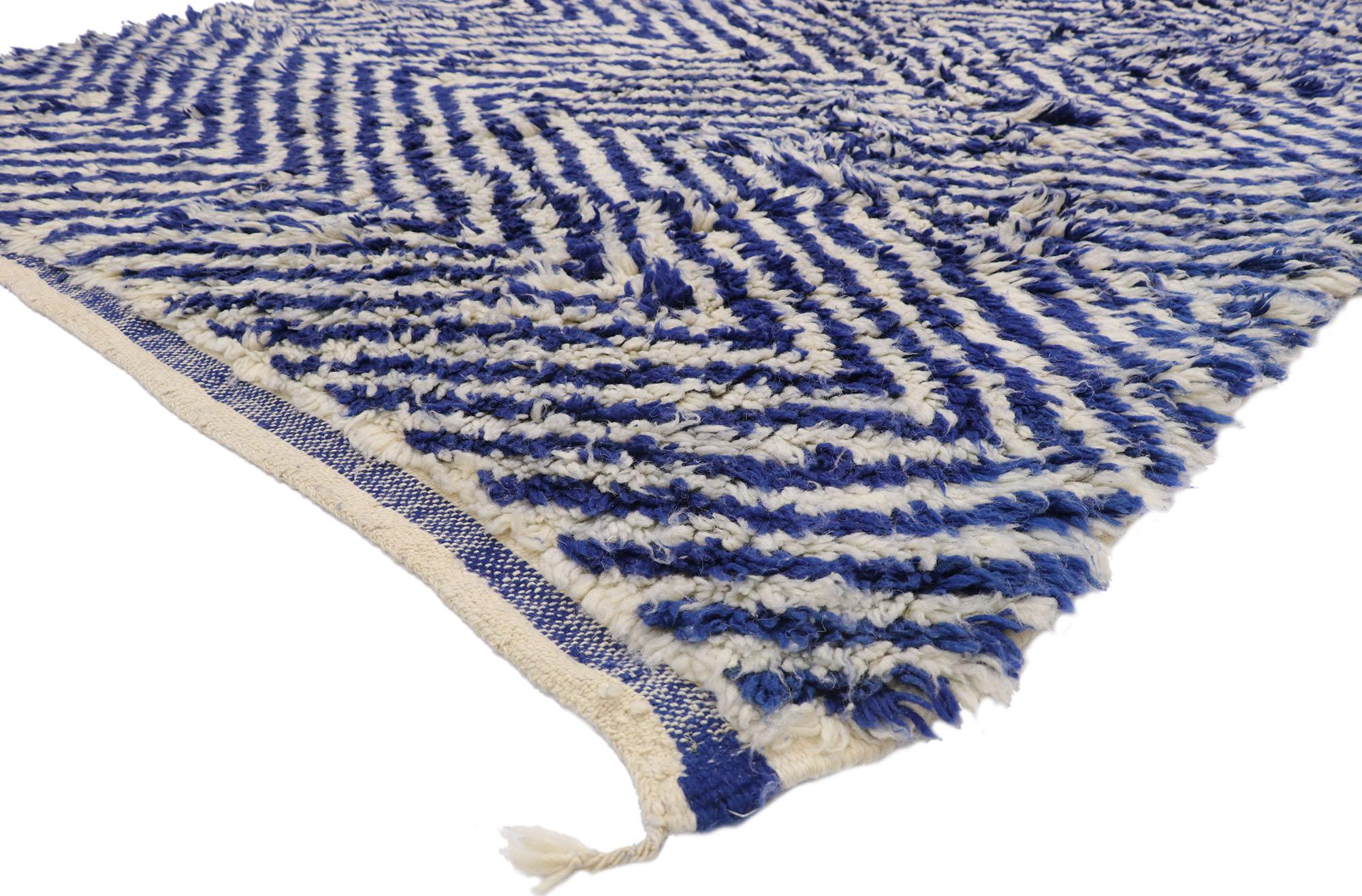20974, vintage Berber Moroccan rug with Herringbone Chevron Design and Cozy Nautical style. Navy blue and white combined with the plush wool pile creates a cozy nautical vibe in this hand-knotted wool vintage Berber Moroccan rug. It features a