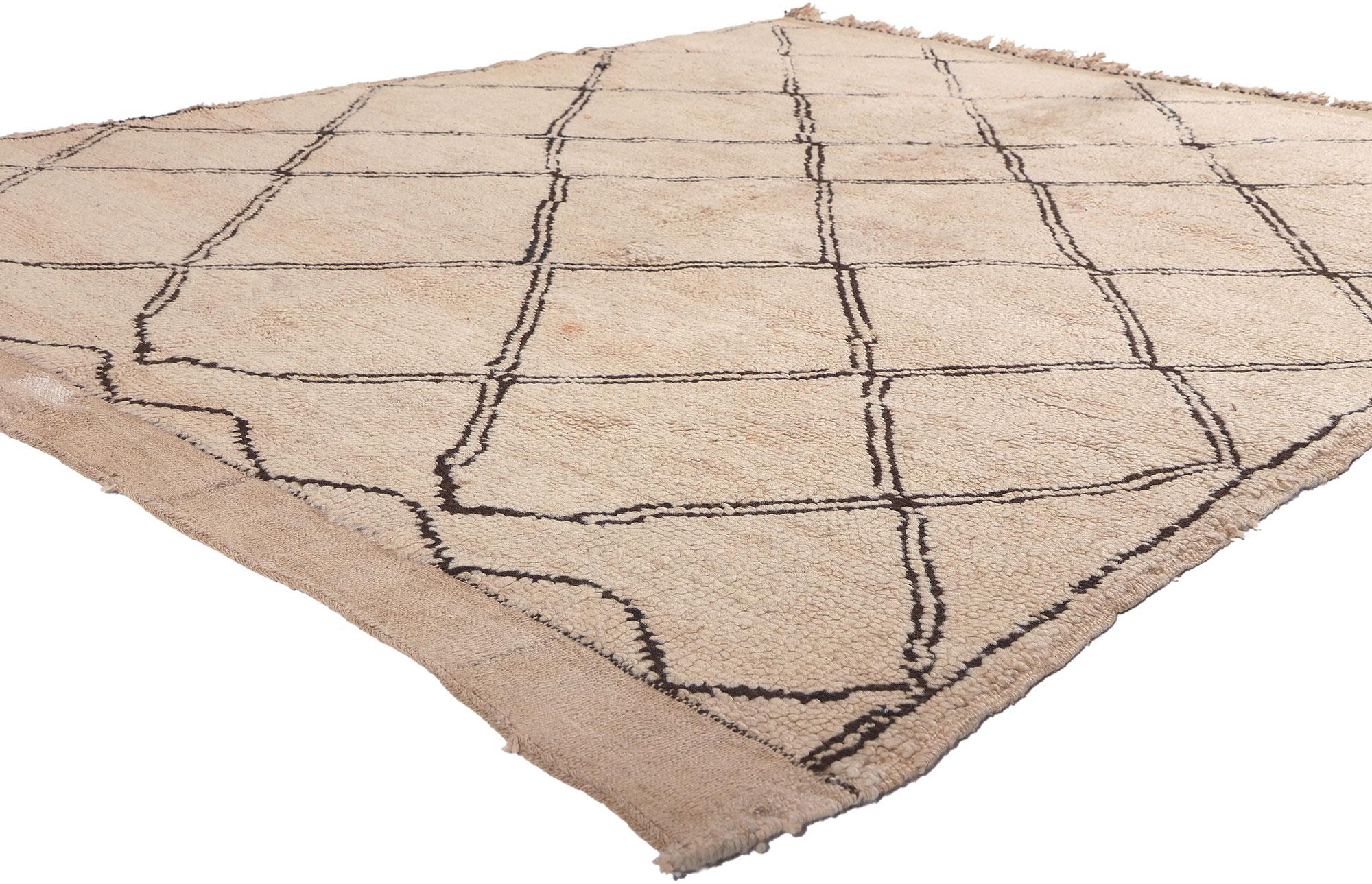 20285 Vintage Moroccan Azilal Rug, 05'08 X 05'11. Embrace the essence of Wabi-Sabi with a touch of subtle Shibui in this hand-knotted wool vintage Moroccan Azilal rug. The lozenge lattice, adorned with its perfectly imperfect charm, and a neutral