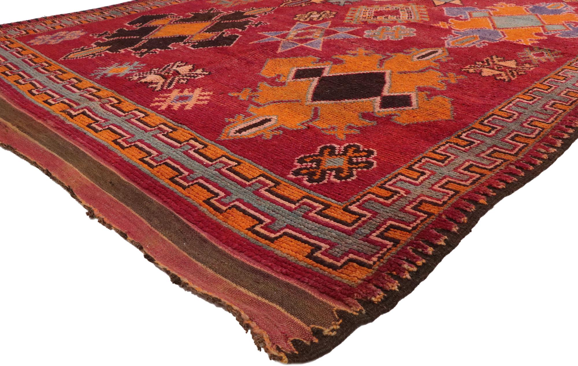 20190 Vintage Red Boujad Moroccan Rug, 06'06 x 14'08. A Boujad rug is a traditional Moroccan handwoven rug crafted by Berber artisans from the Zemmour tribe in the Haouz region near the town of Boujad in the Middle Atlas Mountains. These rugs are
