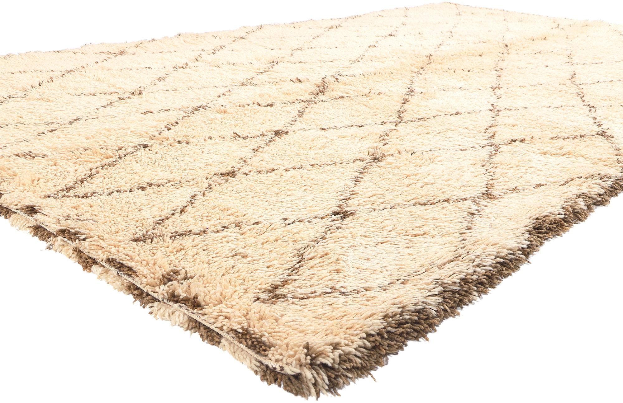 20338 Vintage Moroccan Beni Ourain Rug, 06'08 x 12'00.

In the fusion of Shibui and Midcentury Modern aesthetics emerges this hand-knotted wool vintage Moroccan Beni Ourain rug—an exquisite blend of simplicity and timeless design. The lozenge