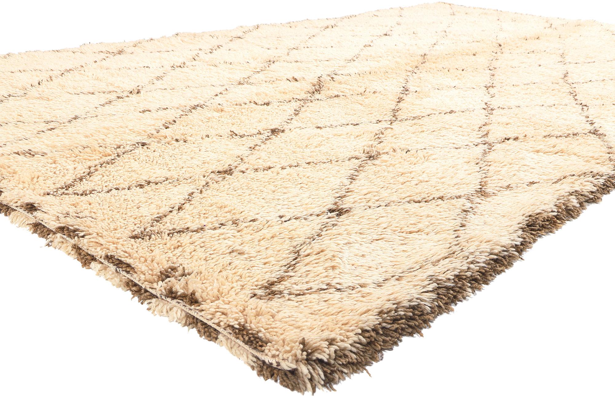 20338 Vintage Moroccan Beni Ourain Rug, 06'08 x 12'00. In the fusion of Shibui and Midcentury Modern aesthetics emerges this hand-knotted wool vintage Moroccan Beni Ourain rug—an exquisite blend of simplicity and timeless design. The lozenge lattice