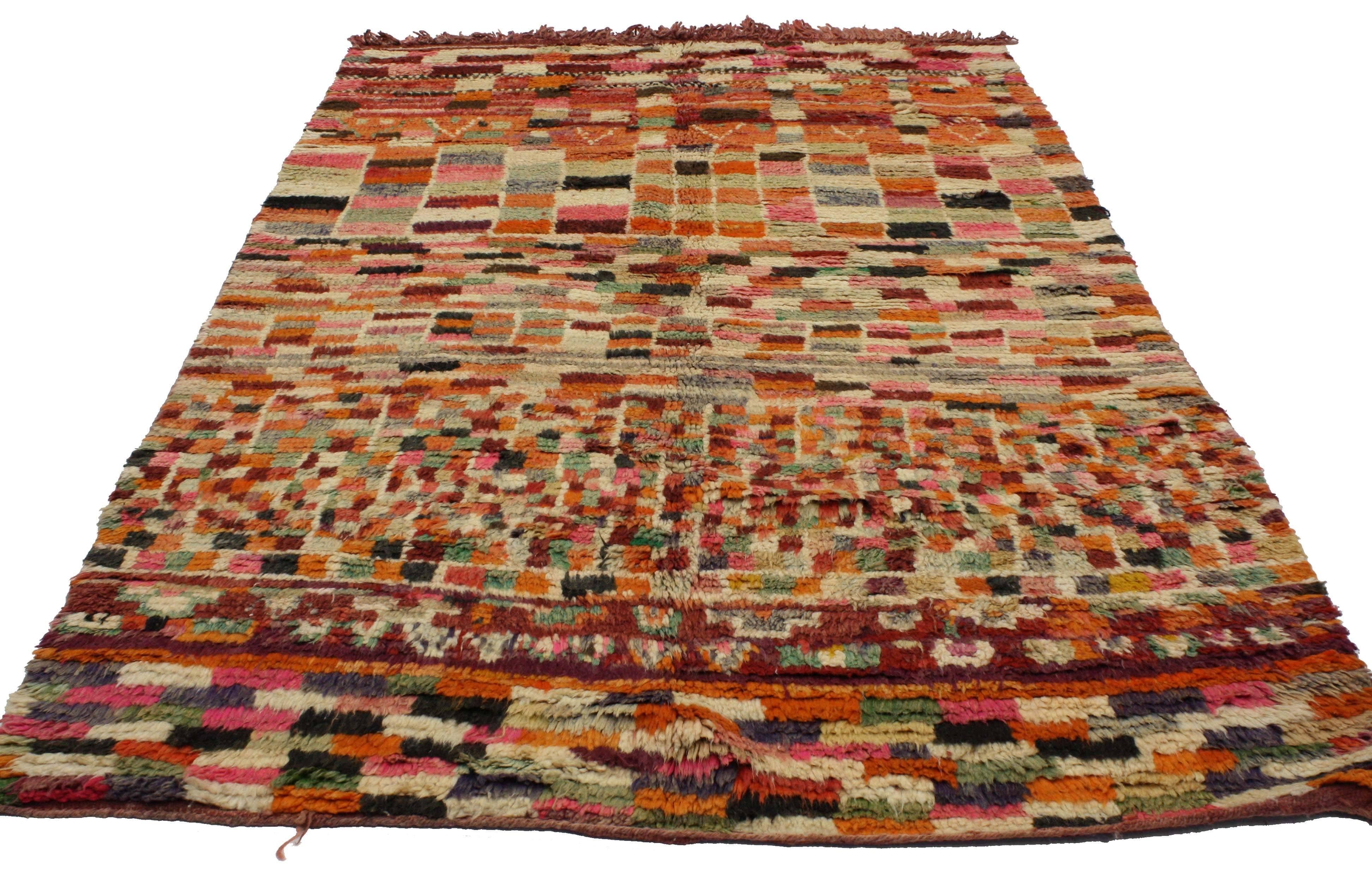 Hand-Knotted Vintage Berber Moroccan Rehamna Rug with Post-Modern, Bauhaus Cubism Style