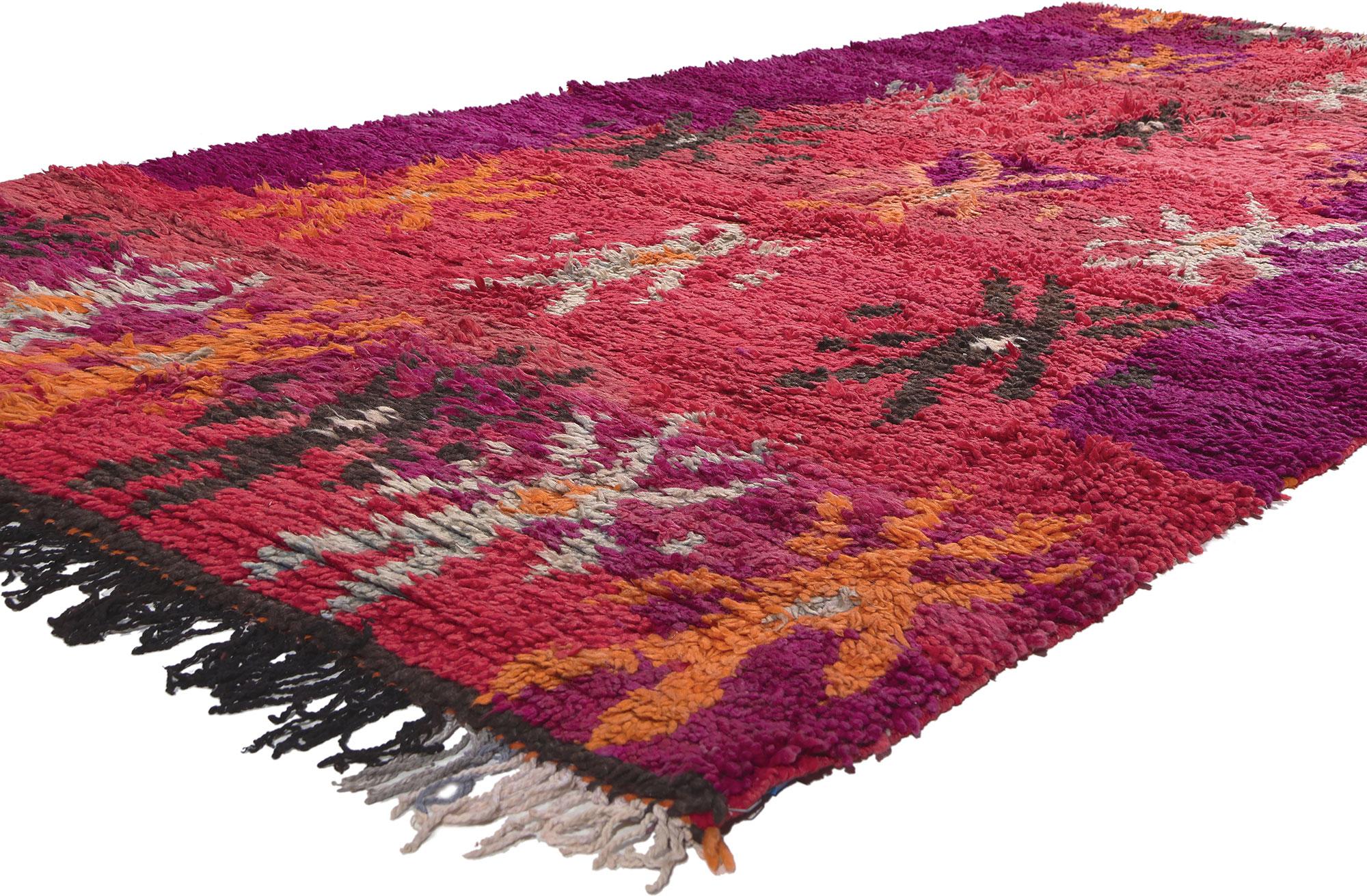 20675 Vintage Talsint Moroccan Rug, 05'05 x 11'08. From the heart of the Figuig province, home to the Ait Bou Ichaouen tribe, emerges the Talsint Moroccan rug, named after the rural town of Talsint in Northeastern Morocco, celebrated for its vibrant