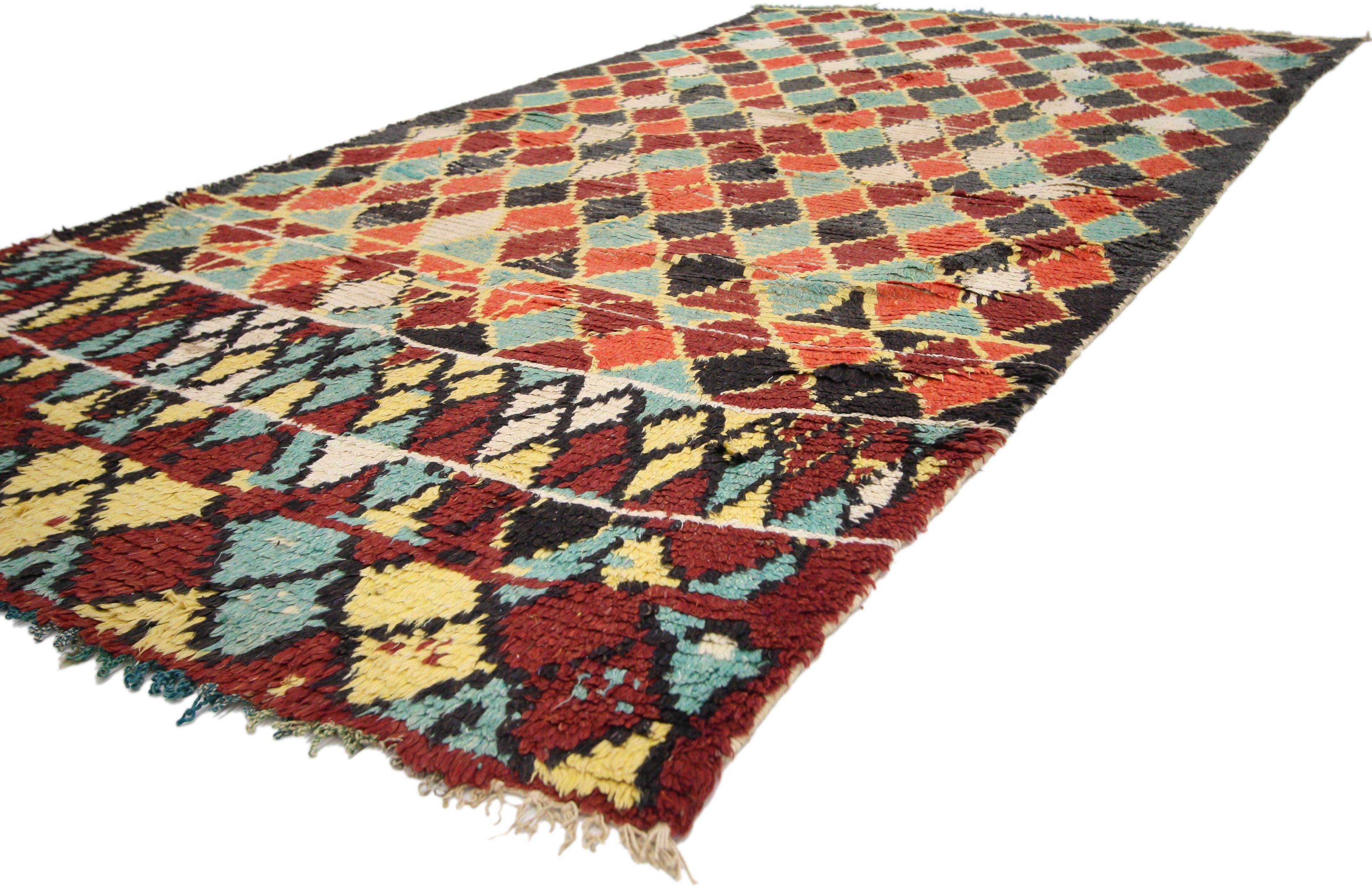 74528 Vintage Berber Moroccan Rug with Modern Tribal Style. With its all-over lozenge pattern and gorgeous color scheme, this vintage Moroccan rug will add much-needed color, texture and warmth to modern decor and contemporary interiors. Featuring