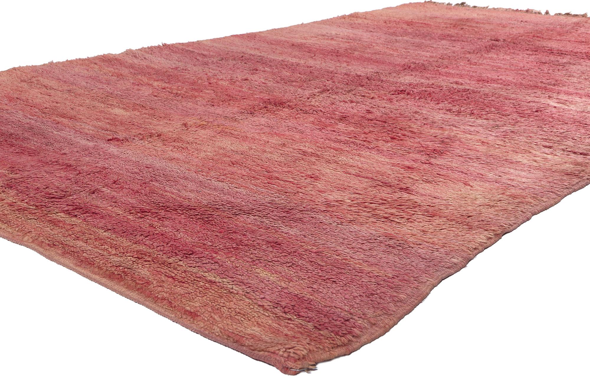 21063 Vintage Pink Beni Mrirt Moroccan Rug, 05'11 x 10'05. Embark on an enchanting voyage through the serene world of modern aesthetics with this meticulously hand-knotted wool rug from the Beni Mrirt tribe in Morocco. A true masterpiece born in the