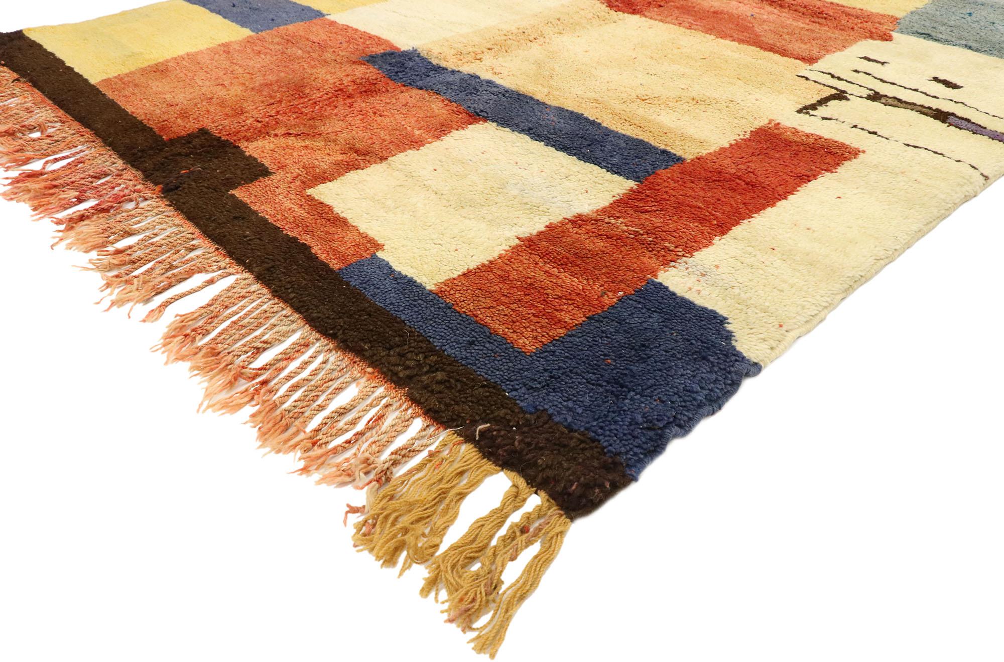 20592 Vintage Berber Moroccan Rug with Postmodern Cubism Bauhaus Mondrian Style. Displaying a Postmodern Cubism and Mondrian Bauhaus style, this hand-knotted wool vintage Berber Moroccan rug synthesizes beautifully with modern architecture and MCM