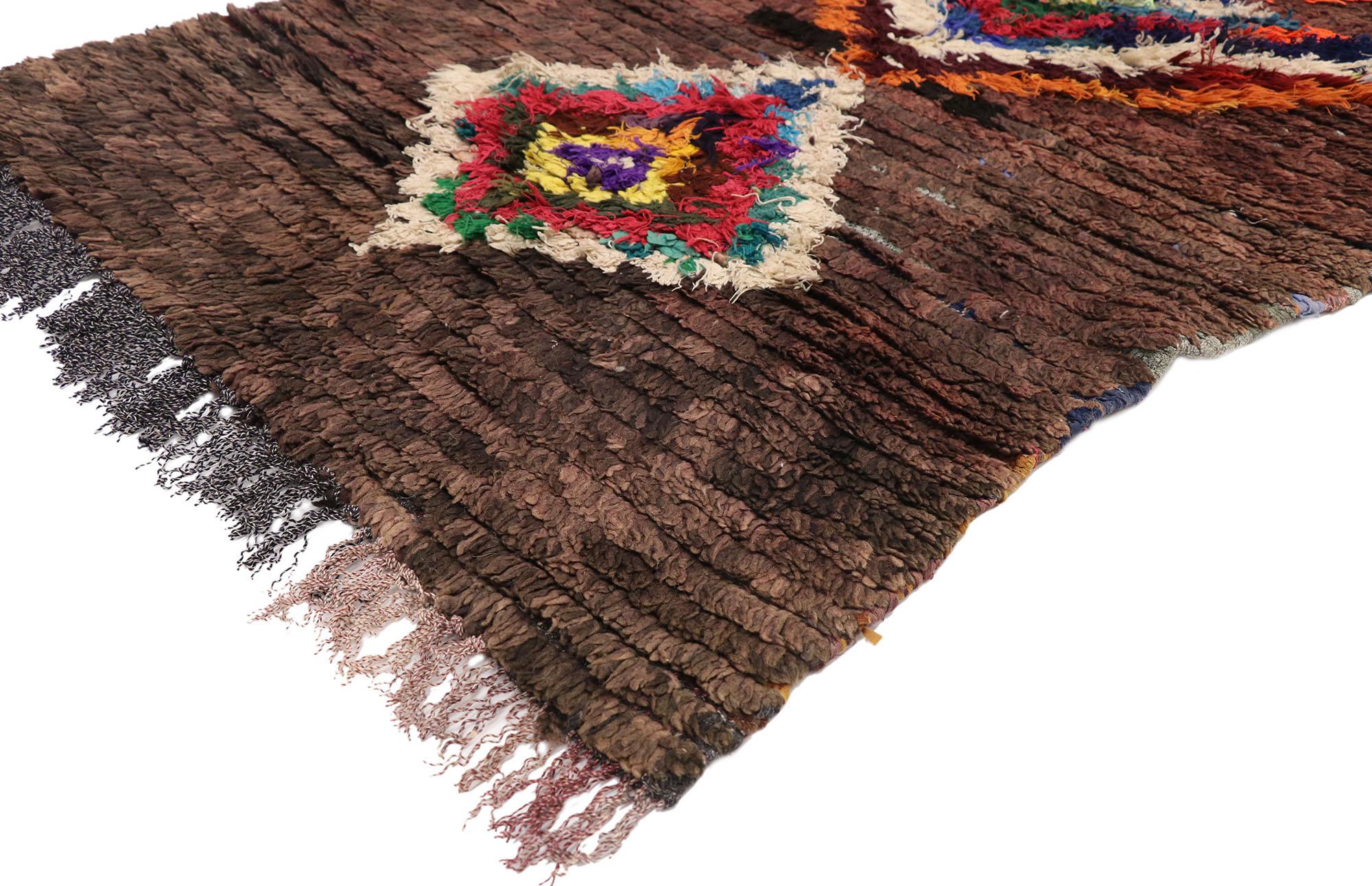 21070 Vintage Brown Moroccan Azilal Rug, 03'01 x 06'00. From the vibrant heart of central Morocco's provincial capital, nestled in the High Atlas Mountains, emerges the resplendent legacy of Azilal rugs – a unique manifestation of Berber