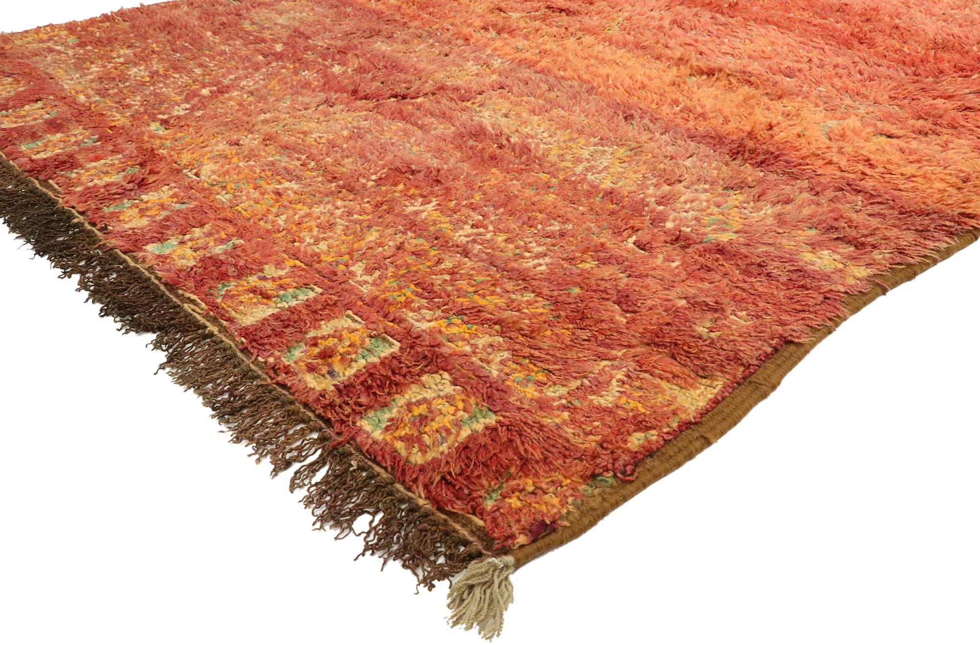 20616, vintage Berber Moroccan rug with Tribal Mid-Century Modern style. Fiery hues of red and orange blend beautifully to conjure imagery of a warm and breezy Moroccan sunset. This vintage Berber Moroccan rug incorporates light yellow and creamy