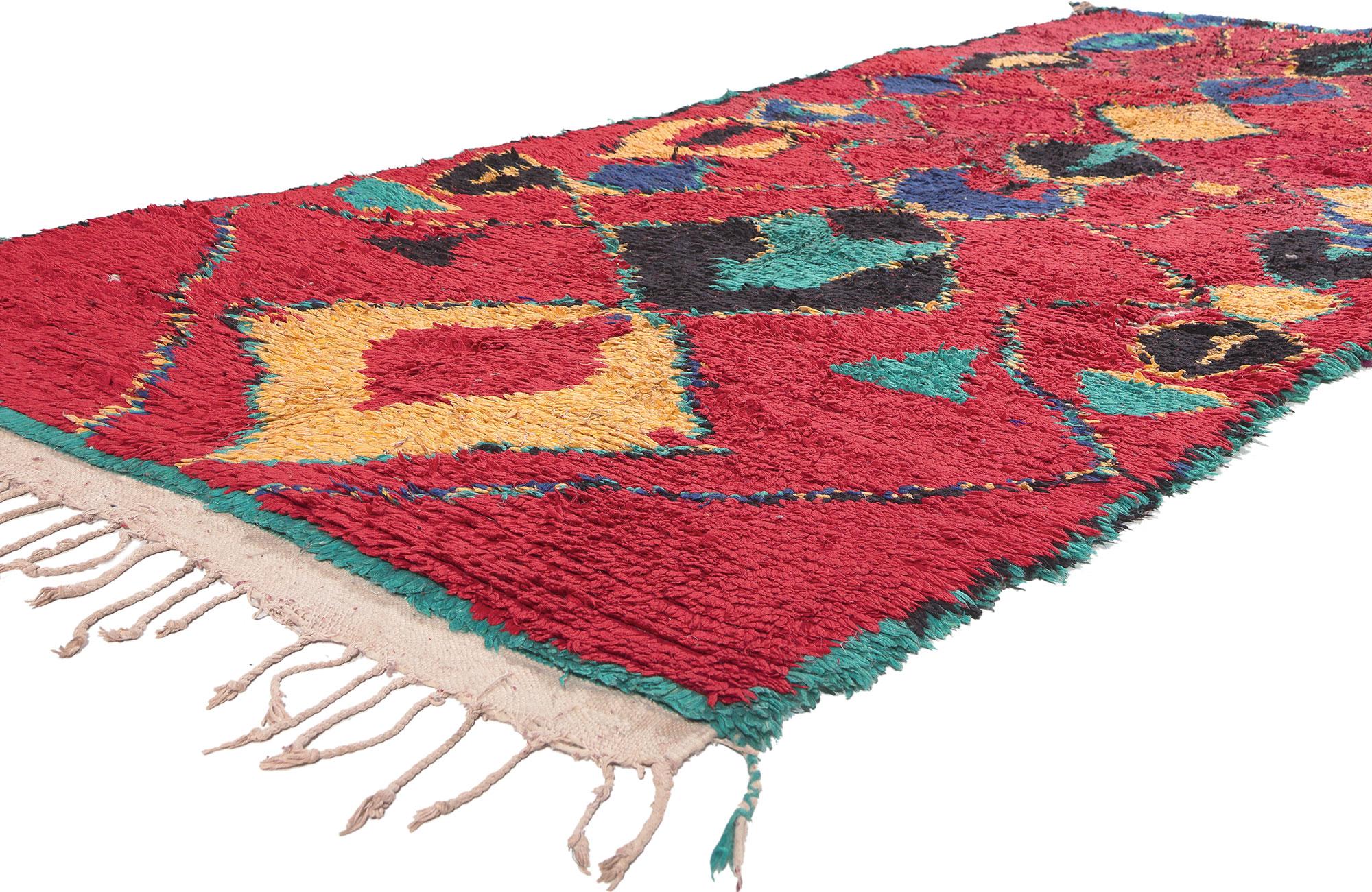 74776 Vintage Red Boujad Moroccan Rug, 04'05 X 11'09. Discover the allure of Boujad rugs, originating from the vibrant city of Boujad in the Khouribga region—a once pivotal pilgrimage center and bustling trade hub for caravans journeying between Fes