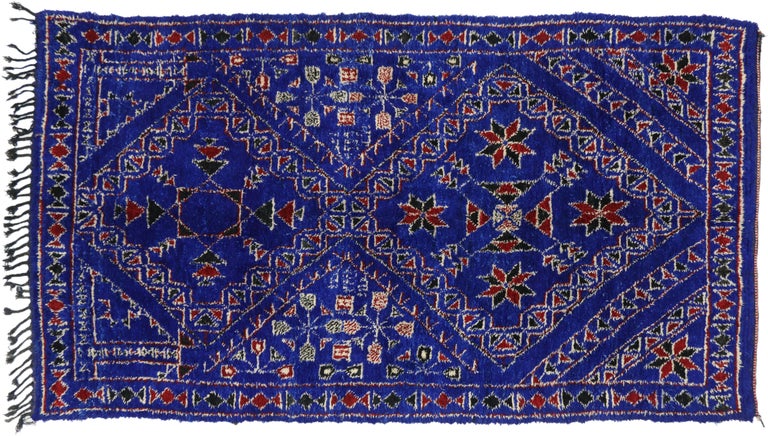 Wool Vintage Indigo Beni Mguild Rug with Tribal Style, Berber Blue Moroccan Rug