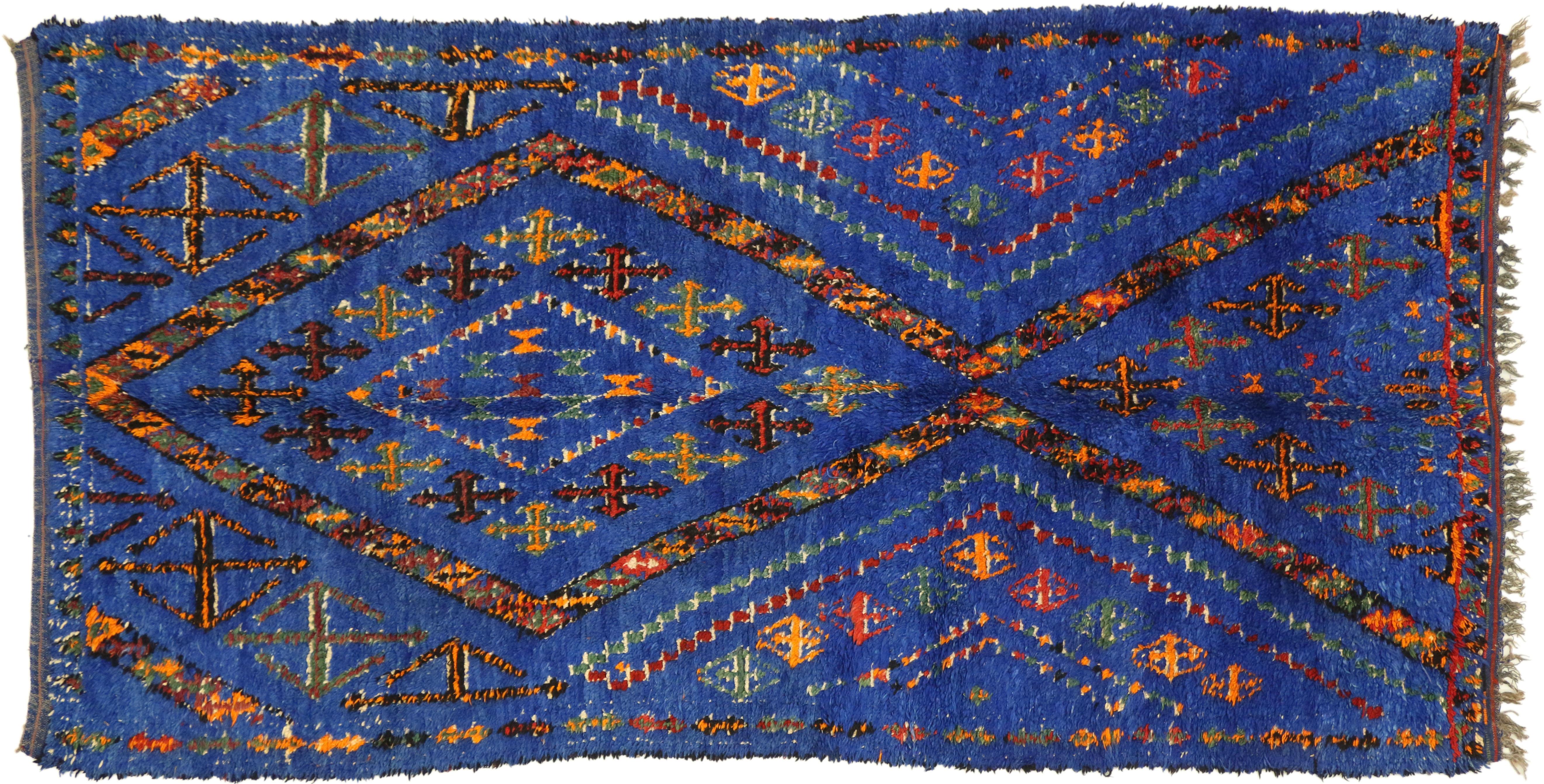 Wool Vintage Berber Moroccan Rug with Tribal Style, Blue Indigo Beni Mguild Carpet