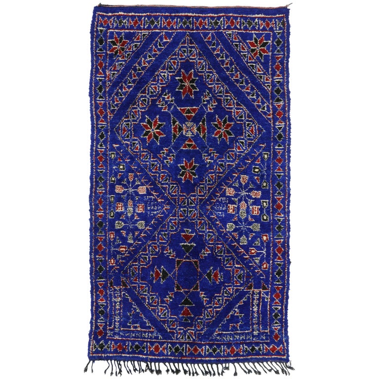 Vintage Indigo Beni Mguild Rug with Tribal Style, Berber Blue Moroccan Rug