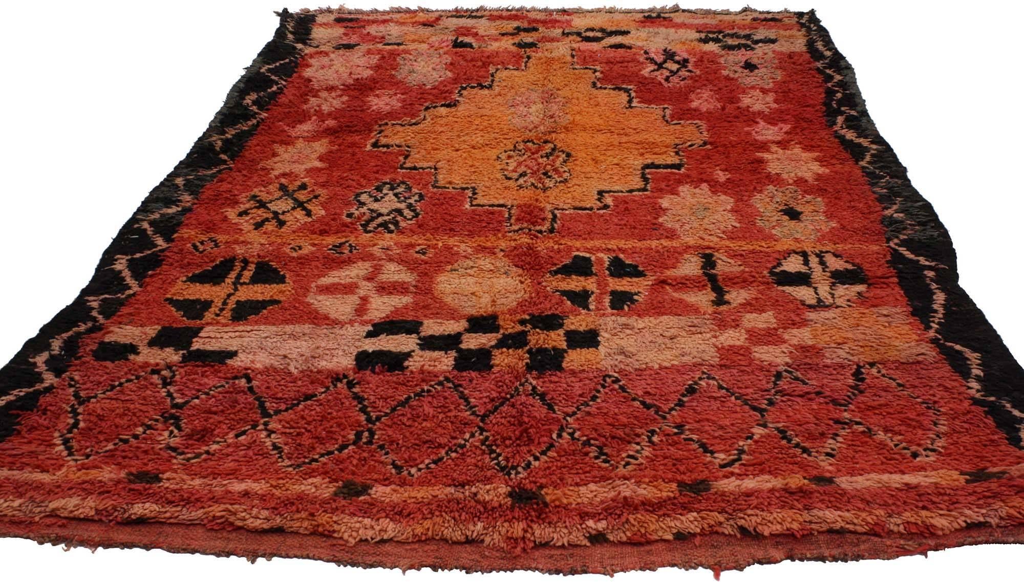 20287 Vintage Berber Moroccan Boujad Rug with Tribal Style 05'08 x 08'06. This hand-knotted wool vintage Berber Moroccan rug features a red abrashed field covered with various ambiguous tribal symbols that carry great meaning in Ancient Berber