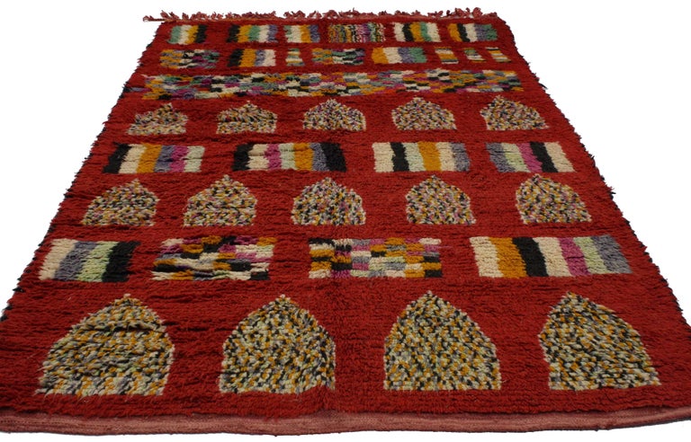 20289 Vintage Berber Moroccan Rehamna Rug with Post-Modern Expressionist Style. Animated with Berber tribe motifs and secondary protection symbols, this hand-knotted wool vintage Berber red Moroccan rug offers many meanings that are represented