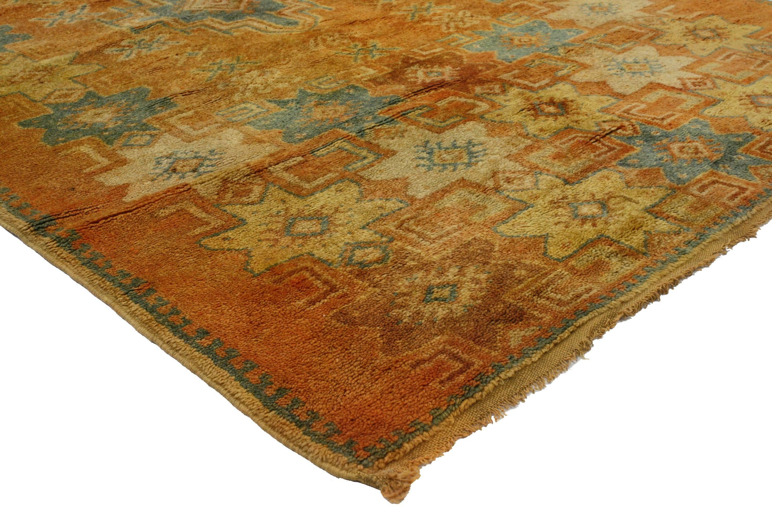 20240, vintage Berber Moroccan rug with tribal style This hand-knotted wool vintage Berber Moroccan rug is one of a kind, as it projects vivacious color, intricate geometric pattern and carries deep meaning woven within the piece through the symbols