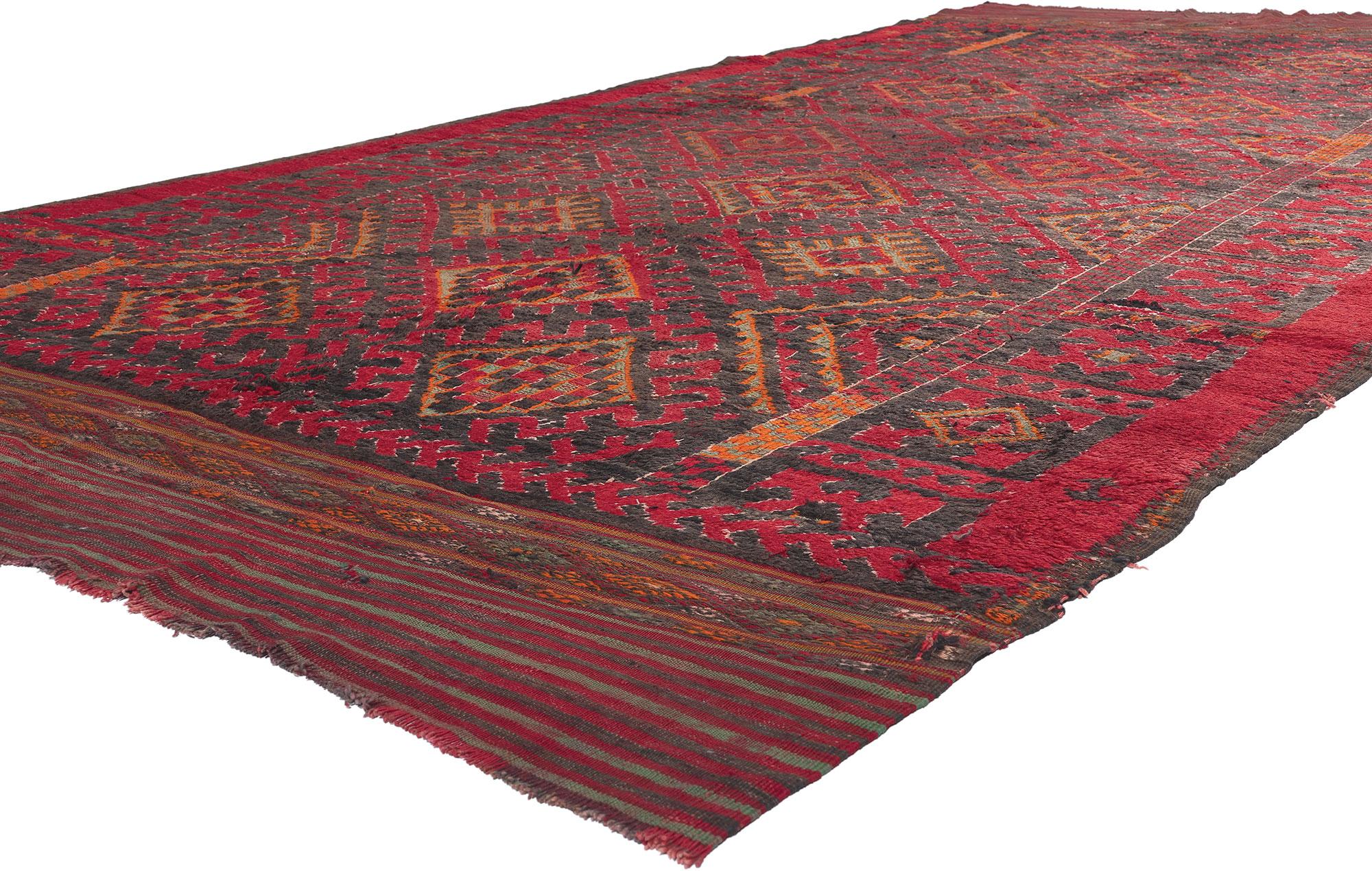 20708 Vintage Red Taznakht Moroccan Rug, 06'04 x 12'03. Embark on a journey into the rich legacy of the Taznakht Tribe, where skilled hands in the High Atlas Mountains of southern Morocco wove this hand-knotted wool vintage Moroccan rug—an exquisite