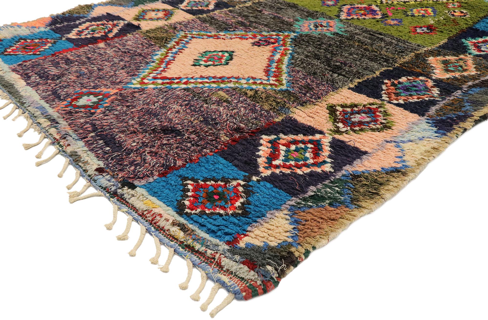 20622 Vintage Berber Moroccan Azilal Rug, 04'00 x 07'08. Enter the enchanting world of Azilal rugs, where every thread weaves a narrative spun with precision by skilled artisans amidst the dynamic landscapes of central Morocco and the majestic High