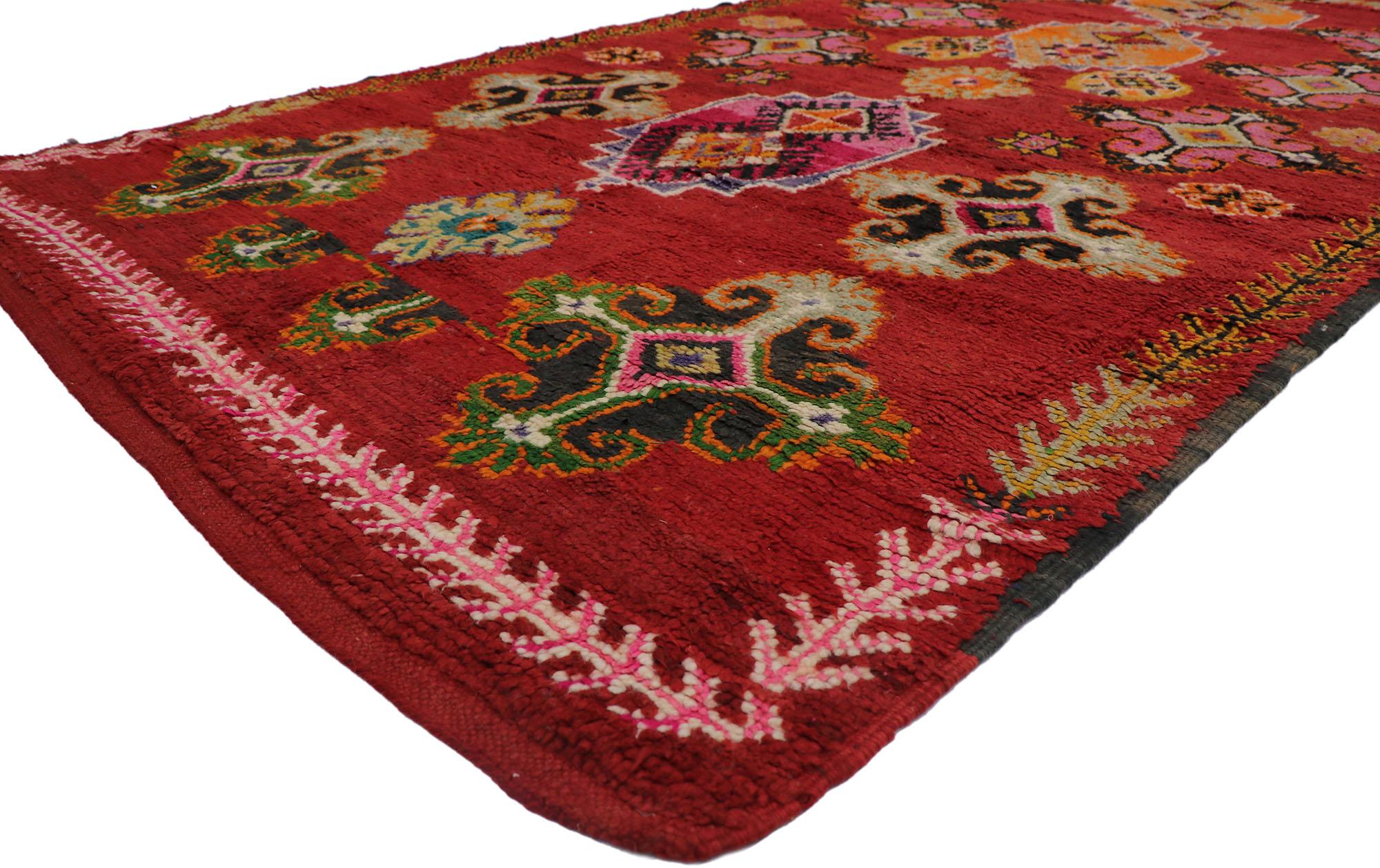 21530 vintage Berber Moroccan rug with Tribal style 06'07 x 12'06. Showcasing an expressive tribal design in lively colors, incredible detail and texture, this hand knotted wool vintage Berber Moroccan rug is a captivating vision of woven beauty.