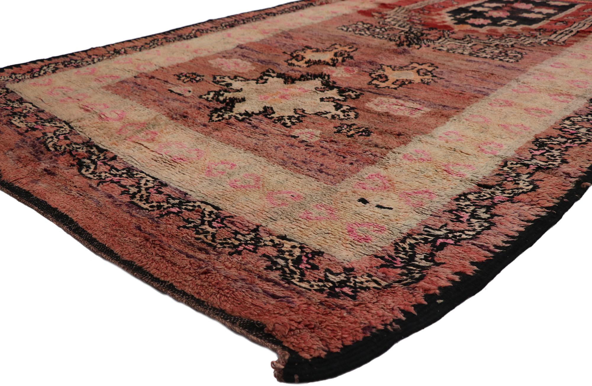 21528 Vintage Berber Moroccan Rug with Tribal Style 05'10 x 08'08. Showcasing a directional layout, incredible detail and texture, this hand knotted wool vintage Berber Moroccan rug is a captivating vision of woven beauty. The abrashed purple and