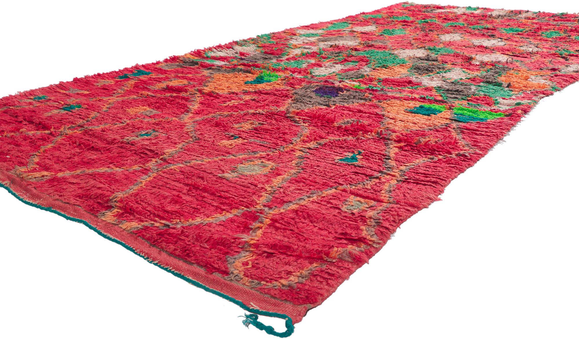 21294 Vintage Red Boujad Moroccan Rug, 04'09 x 10'06. Immerse yourself in the vibrant spirit of Boujad rugs, originating from the bustling city of Boujad in the Khouribga region. Expertly woven by Berber tribes, especially the Haouz and Rehamna,