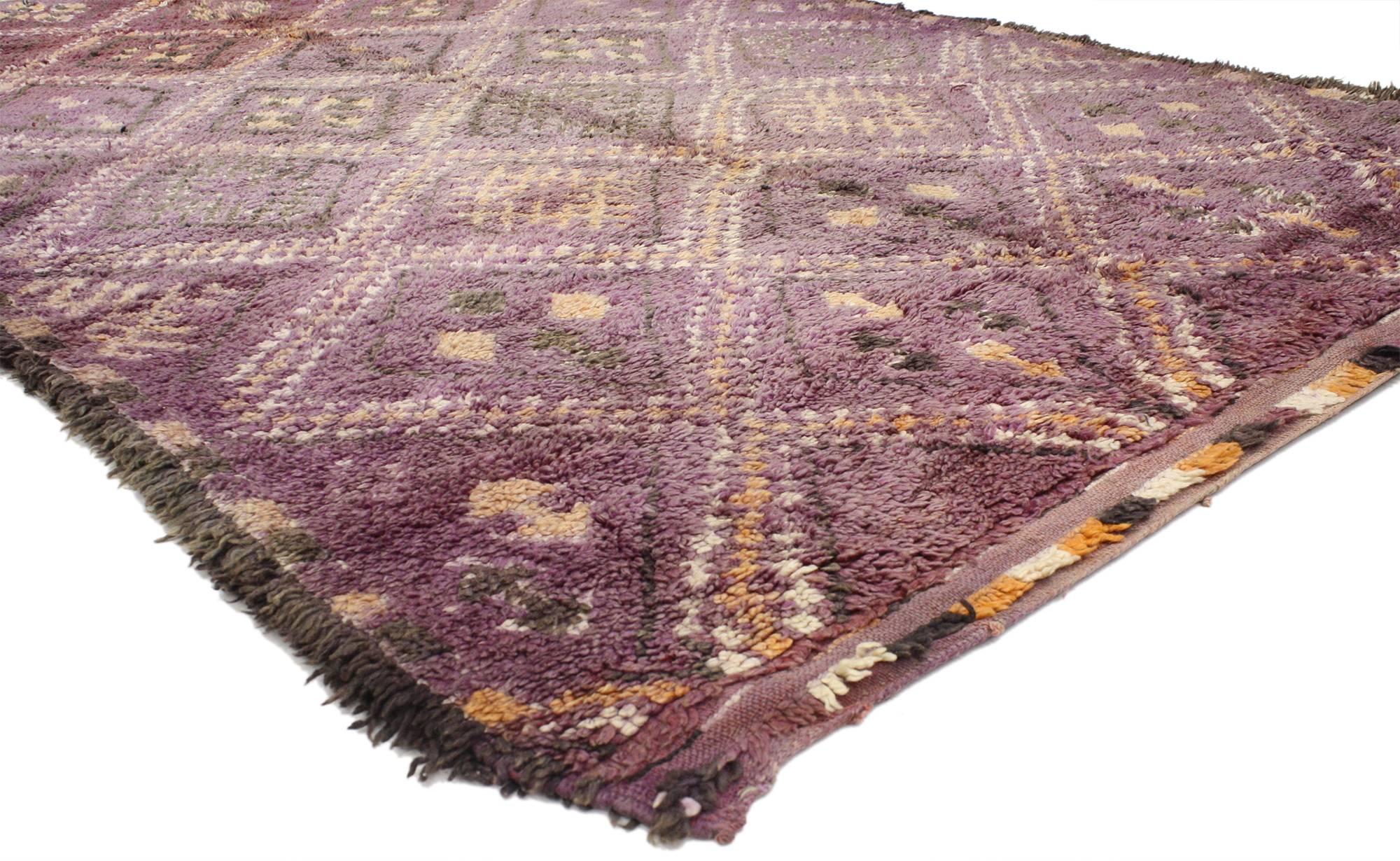 20602 Vintage Berber Moroccan Rug with Post-Modern Memphis Bohemian Style. A muted blend of majestic purple creates the perfect complimentary backdrop for the orange, beige and charcoal diamond trellis design that ornaments this vintage Berber