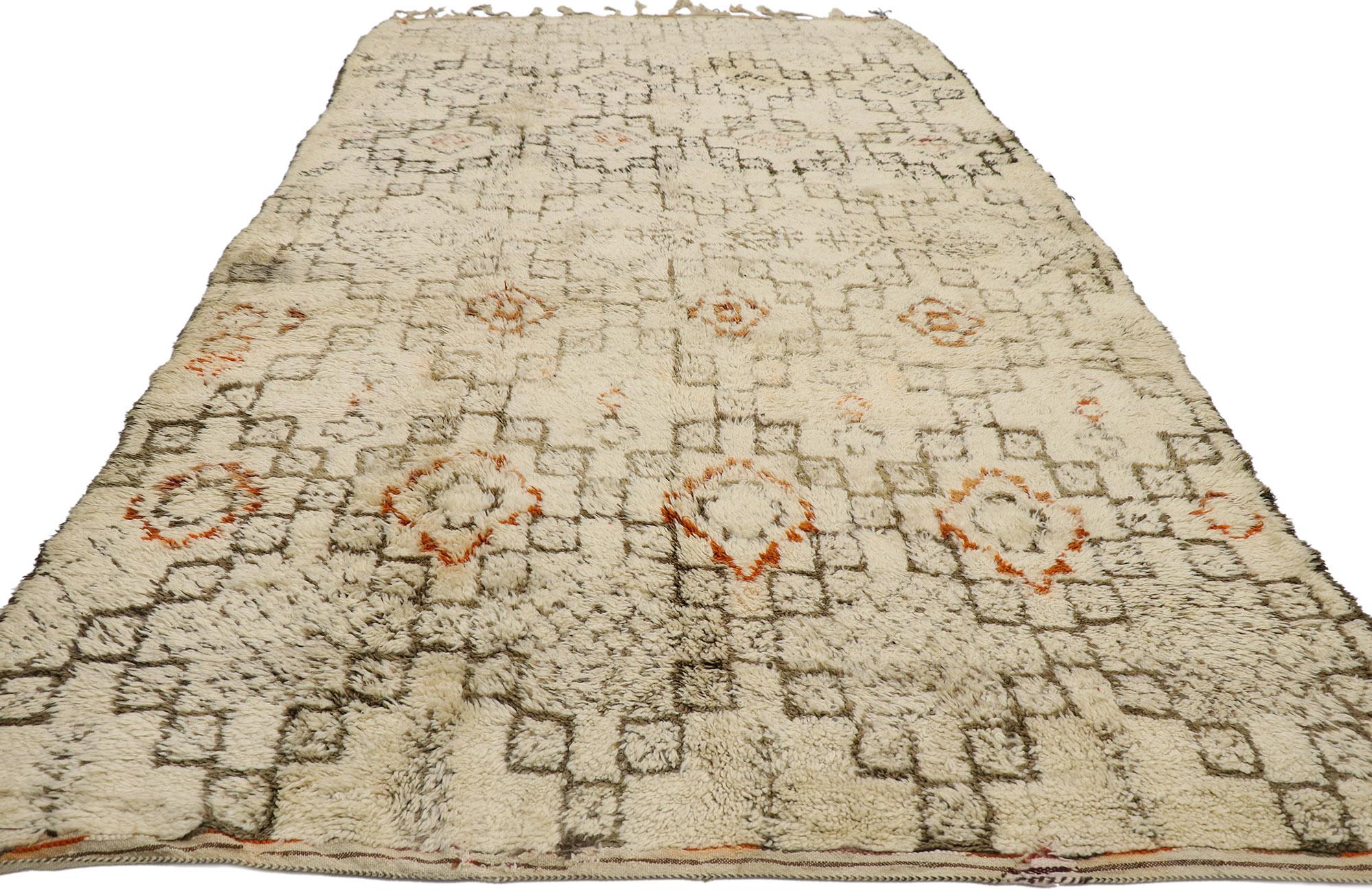 Tribal Vintage Beni Ourain Moroccan Rug, Nomadic Charm Meets Global Chic For Sale